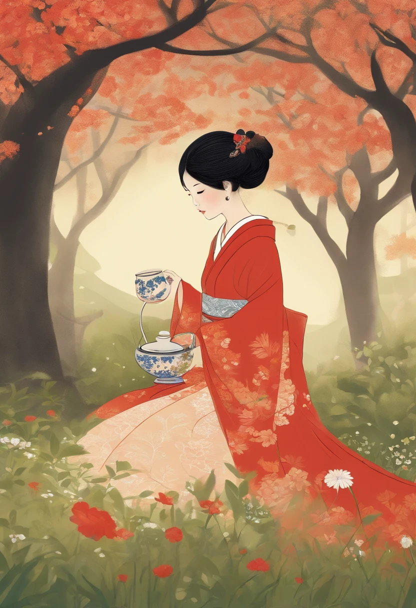 Fairy tale illustration by Reiko Ikemura, pixabay, simple art, full color illustration, cute fairy tale illustration, picture book illustration, illustration, girl picking tea in the style of Hayao Miyazaki, in the field, kimono, kimono