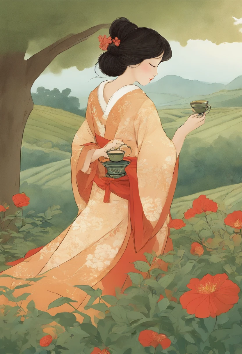 Fairy tale illustration by Reiko Ikemura, pixabay, simple art, full color illustration, cute fairy tale illustration, picture book illustration, illustration, girl picking tea in the style of Hayao Miyazaki, in the field, kimono, kimono