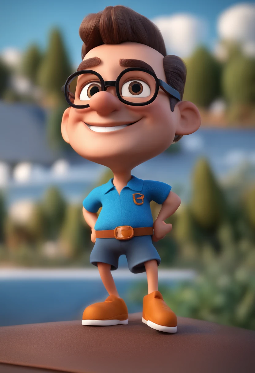 Cartoon character of a man with black glasses and a blue shirt, animation character, Caractere estilizado, animation style rendering, 3D estilizado, Arnold Maya render, 3 d render stylized, toon render keyshot, Personagem 3D, Personagem 3D, 3d rendering stylized, 3 d character render, personagem de desenho animado, Personagem de close up, Pose de personagem,  (Estilo Pixar) (master part:1.2) (Bokeh) (best quality) (pele detalhada) (textura detalhada) (8k) (argila) (Cinematic lighting) (foco nítido