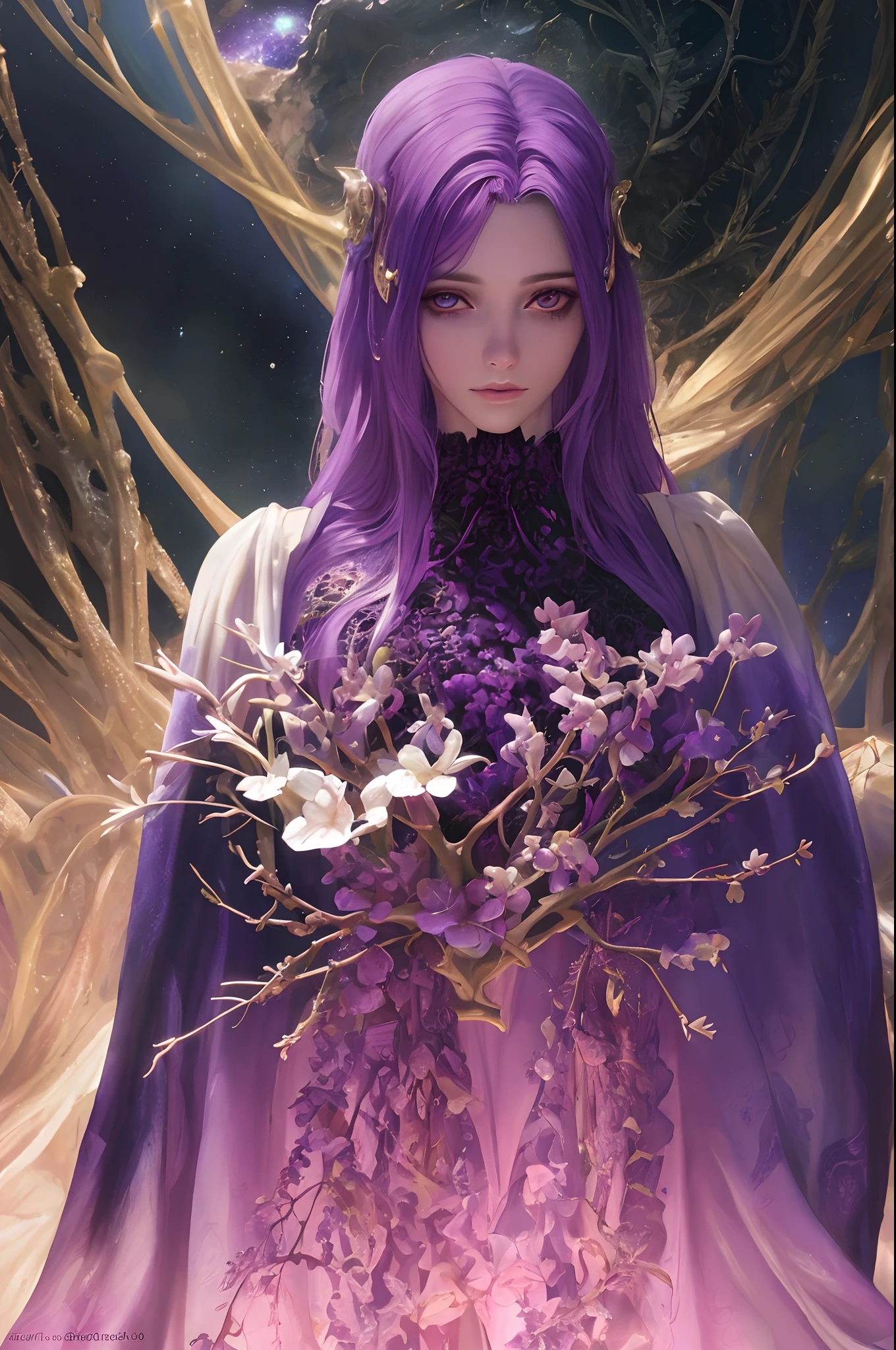 Realistic, photorealistic, Masterpiece, RAW photo, full length portrait, Beautiful alien woman with a lot of purple hair, on a far fantastic planet, cosmic landscape, cute sexy, highly detailed, sci-fi aesthetic, fantasy aura, unearthly vegetation, hdr, intricate details, realistic face and eyes, hyperdetailed, by Giger, cinematic, depth of field, rim light