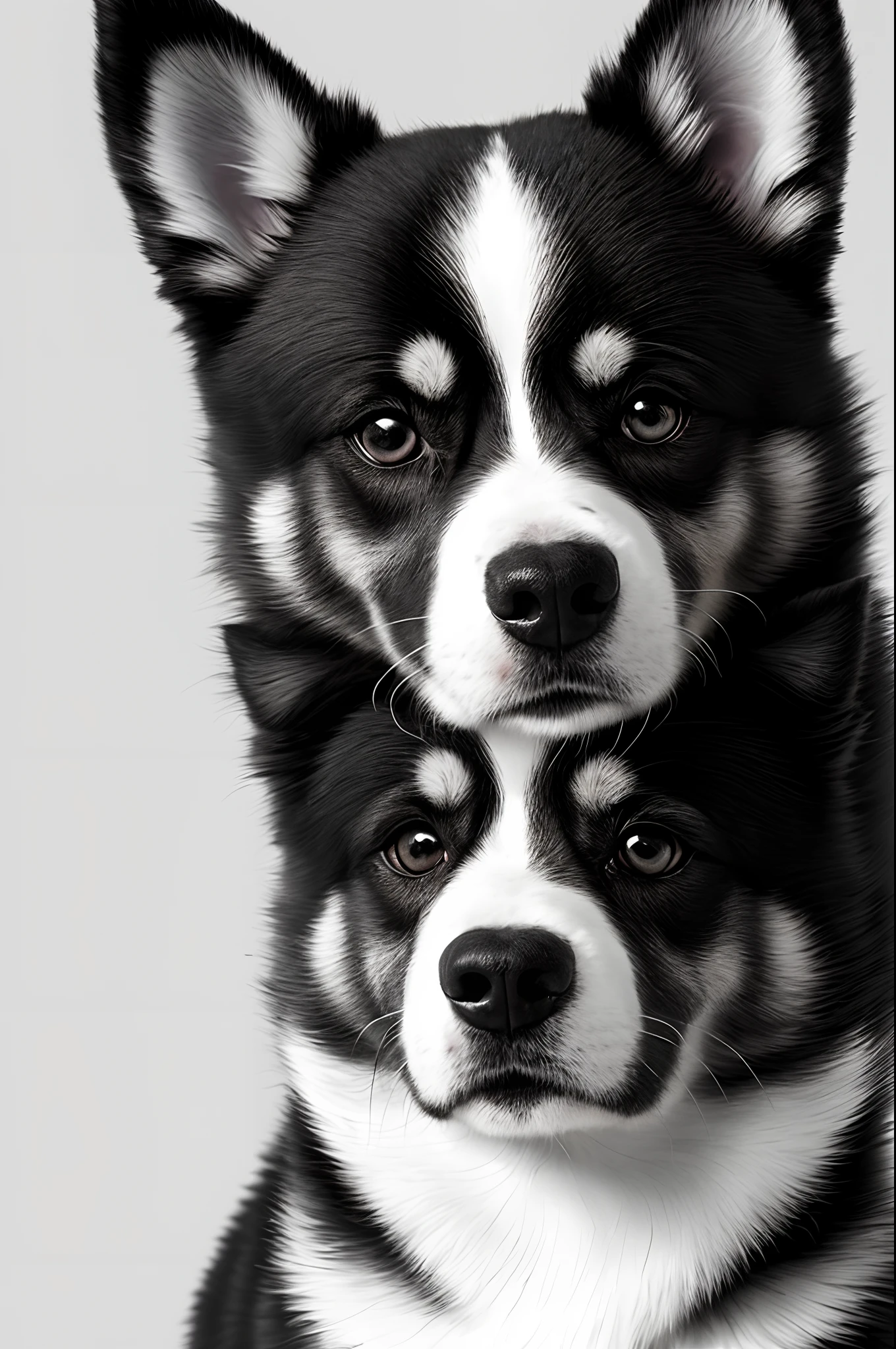 A Pixar movie poster of a black and white Pomsky dog with brown eyes
