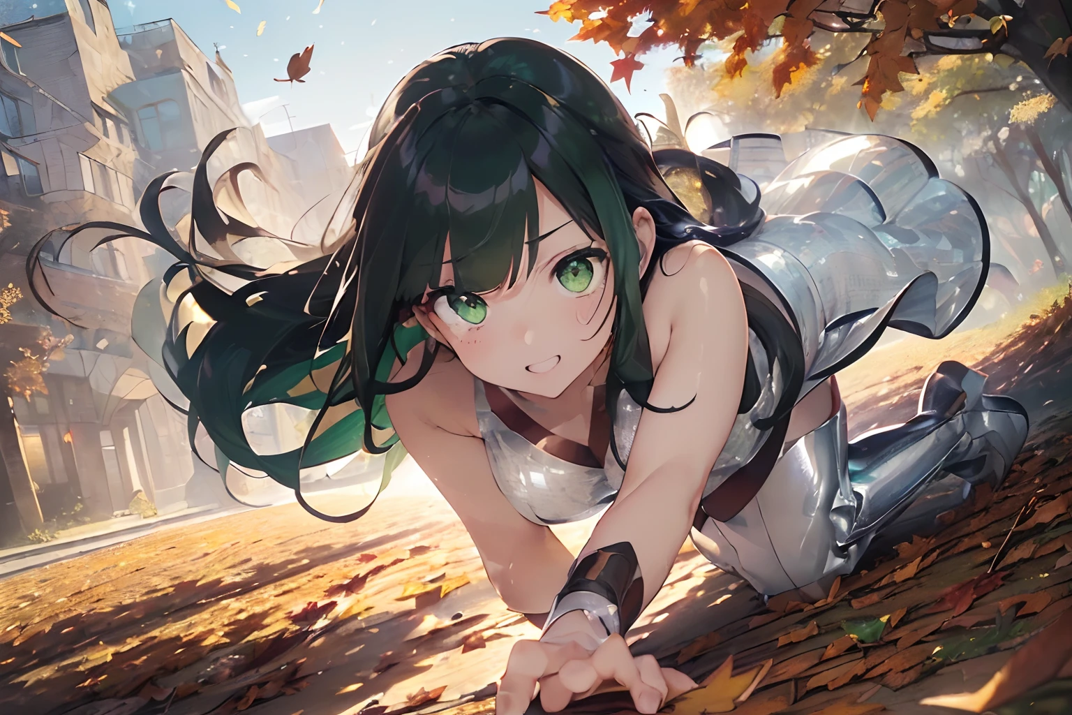 ((background: a lot autumn leaves,huge gingo trees:1.5), (extremely detailed fine touch:1.2), (line art,sharp water color painting,aesthetic art,light tone:1.3), (masterpiece, best quality, extremely detailed, anime, absurd-resolution,unity-8k,RAW-photo,hi-res,official art:1.2), (fantasy:1.4), (2frying angels, it's above sky:1.33), (from above,airborne:1.2), (wide shot:1.3), (having detailed 6wings-type angels:1.1), (heart-shaped face,delicate facial features), (Finger smile,half-opened mouth,emphasis on facial expression:1.2), (extremely detailed gradient eyes:1.2), (detailed sharp-long brown eyes,half-opened eyes:1.4), (Detailed brown long hair, colored chestnut inner hair, split-color hair,:1.4), blunt-bangs, (perfect breasts,3d rendering:1.2), realistic, (effect-light caustics,color temperature:1.2), (platinum mosaic colored shiny sequins dress,platinum long boots:1.4), (cinematic light,and particle light), colorful, dramatic shadows, (light-shadow symmetry:0.5),(gentle breeze,flying fallen leaves:1.2), (red fallen leaves:1.2), dynamic pose, looking afar, outstretched arms,(shiny platinum wristband:1.3),redraw left side girl, she is (round green eyes:1.3,half-opened eyes:1.2), (Detailed jet-black long hair:1.3, colored green inner hair, split-color hair,:1.3)):1.33).