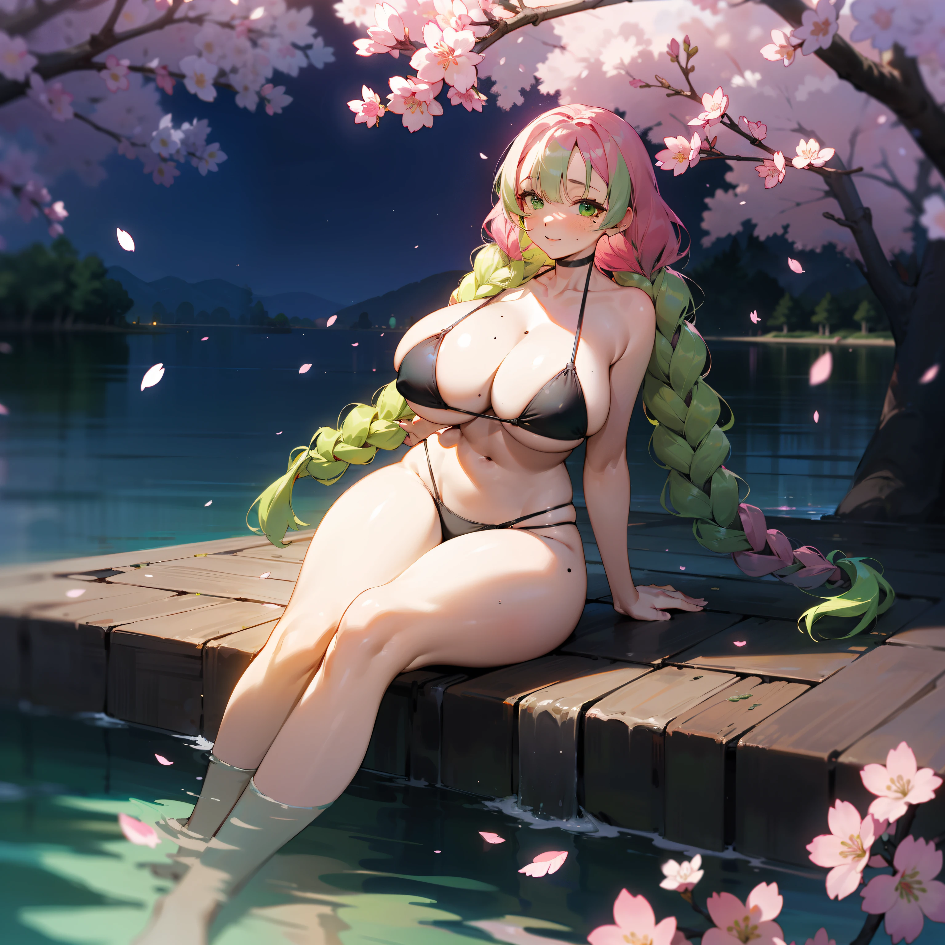 mitsurikanroji, mitsuri kanroji, braid, gradient hair, (green eyes:1.5), green hair, long hair, mole, mole under eye, multicolored hair, pink hair, twin braids, two-tone hair, In the lake next to the waterfall. the night, Fireflies. Sakura. cherry blossoms. Huge tits, sexy, bikini, full body in shot, thick,