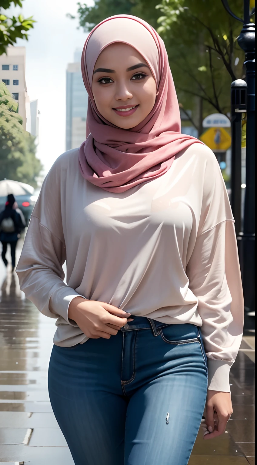 RAW, Best quality, high resolution, masterpiece: 1.3), beautiful Malay woman in hijab (iu:0.8),Best quality, high resolution, Masterpiece: 1.3, Beautiful hijabi malay girl, Masterpiece, Soft smile,Beautiful Malay women wear pastel color hijab walking in rain, ((in city park)), bright sunshine, hiking clothes, pullover, long pants, highres,4k,HDR,1girl, photorealistic, realistic,sweat skin, wet clothes, wet body, big breast, ((full body))soaked, dripping, smiling at viewer, closeup