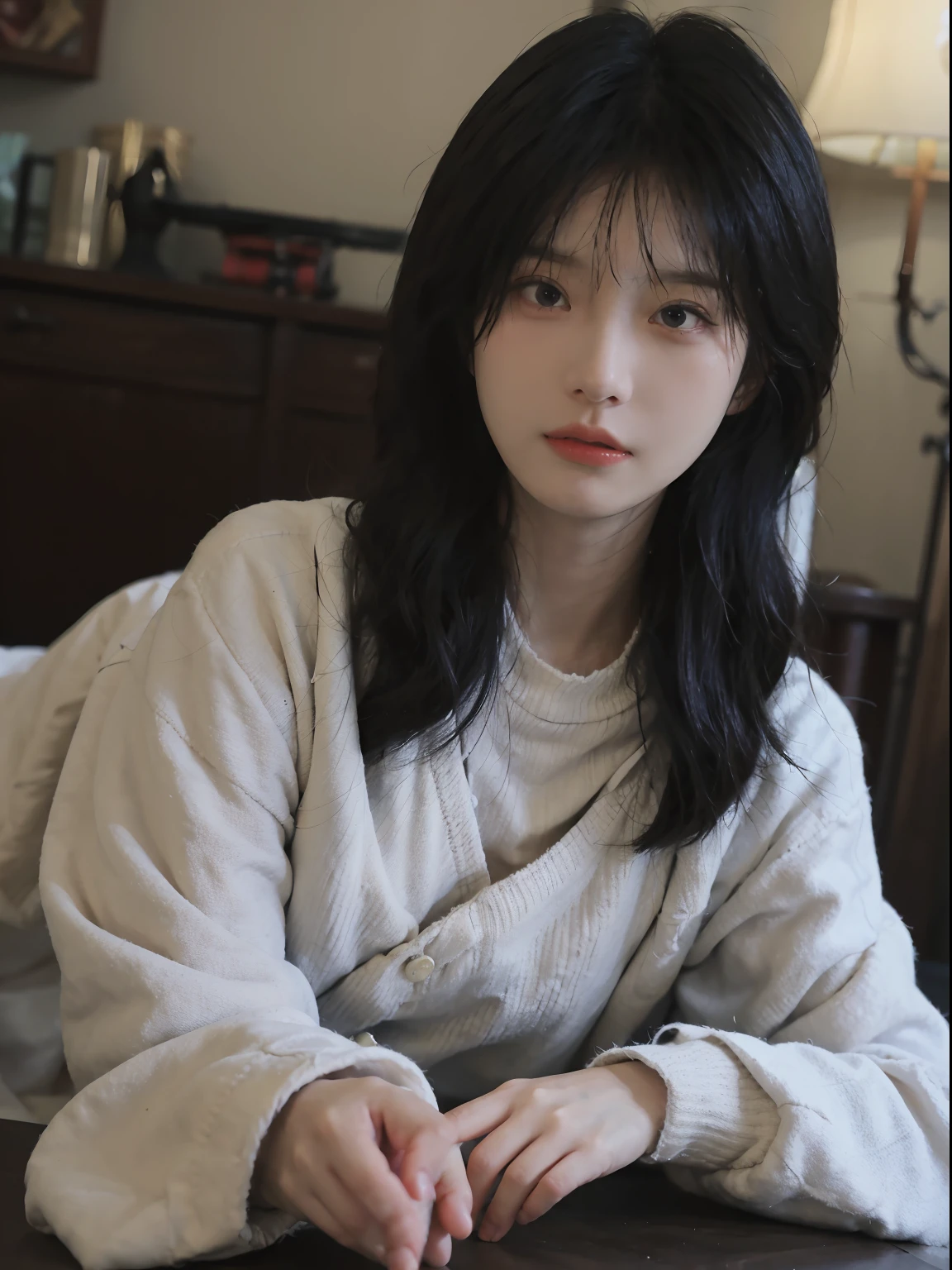 best qualtiy， 超高分辨率， （realisticlying：1.4）， A woman with long black hair and a gray sweater, 中景 the scene is, She has black hair，By bangs, young lovely Korean faces, wan adorable korean face, ulzzangs, Shin Jinying, beautiful aesthetic face, Korean face features, Played by Liu Lee Ji Eun ，Beautiful realistic face
