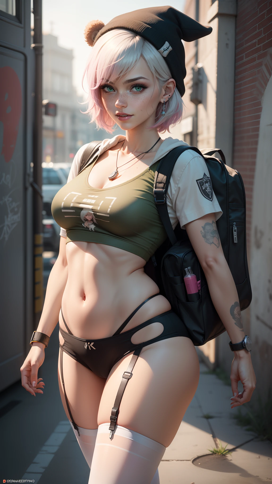 gwen tennyson,tracer,y'shtola rhul,yorha 2b,overwatch,nier automata,mecha pilot,school yard,tattoos,orange and pink plugsuit,white short sleeve school top,micro school skirt,garter belt, uncovered belly,short hair,punk makeup,green eyes,multicolored silver hair,sexy smile,freckles,beautiful girl,large breasts,8k,ultra detailed, realistic,fantasy art,school uniform,ear piercings,cyberpunk suit,saiyan girl,pink short sleeve school hoodie,bear ear beanie,graffiti wall art,walking,small backpack,bunny necklace,wet shirt,