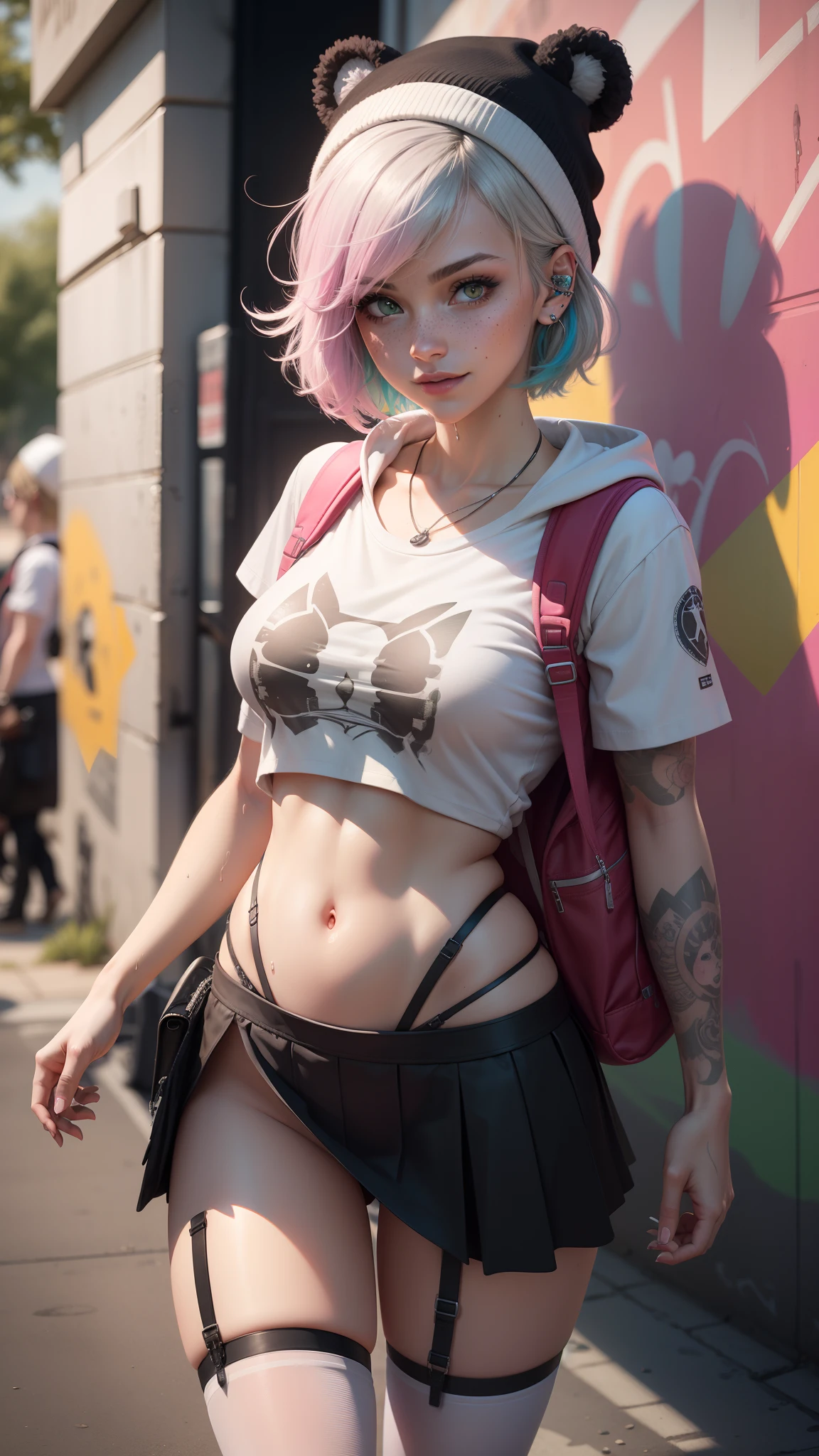 gwen tennyson,tracer,y'shtola rhul,yorha 2b,overwatch,nier automata,mecha pilot,school yard,tattoos,orange and pink plugsuit,white short sleeve school top,micro school skirt,garter belt, uncovered belly,short hair,punk makeup,green eyes,multicolored silver hair,sexy smile,freckles,beautiful girl,large breasts,8k,ultra detailed, realistic,fantasy art,school uniform,ear piercings,cyberpunk suit,saiyan girl,pink short sleeve school hoodie,bear ear beanie,graffiti wall art,walking,small backpack,bunny necklace,wet shirt,