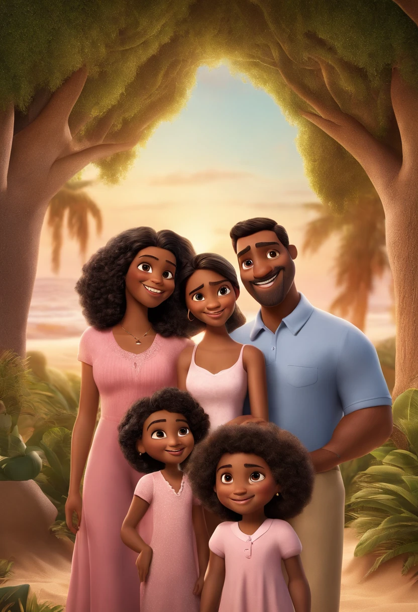 a Disney Pixar movie poster showing an average brown-skinned family. The father is the tallest, Tem barba curta, preta, cabelos curtos e escuros. The mother has black eyes and black hair, crespo na altura dos ombros. A menina tem 4 anos e cabelos castanhos crespos, roupa rosa. The background is a beach garden. 3D-rendering