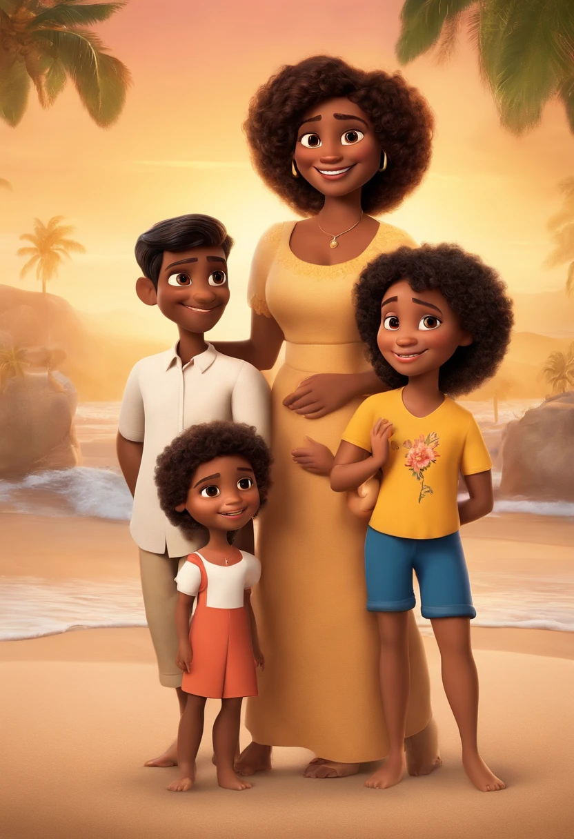 a Disney Pixar movie poster showing an average brown-skinned family. The father is the tallest, Tem barba curta, preta, cabelos curtos e escuros. The mother has black eyes and black hair, crespo na altura dos ombros. A menina tem 4 anos e cabelos castanhos crespos, roupa rosa. The background is a beach garden. 3D-rendering
