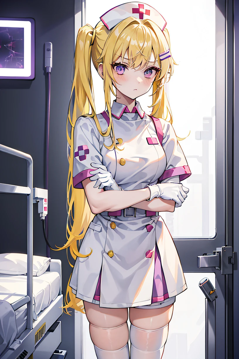 1girl, solo, nurse, nurse cap, white wear, ((white legwear, zettai ryouiki)), white gloves, twintails, yellow hair, purple eyes, angry, crossed arms, standing, ((hospital room)), sharp outline, short sleeves, best quality, masterpiece