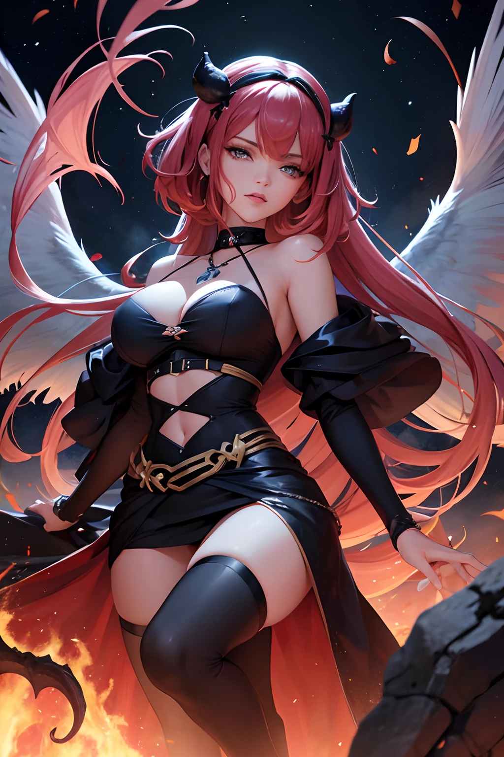 Rihanna ultra-détaillée se tient au sommet d’un tas de ruines en feu, Sa présence diabolique et insidieuse irradiant de sa couronne sombre et de sa robe de reine maléfique noire et rouge. Ses ailes de démon sur son dos et sa corne de démon lui donnent une aura invincible alors qu’elle déclenche une puissante vague de destruction d’un seul geste.