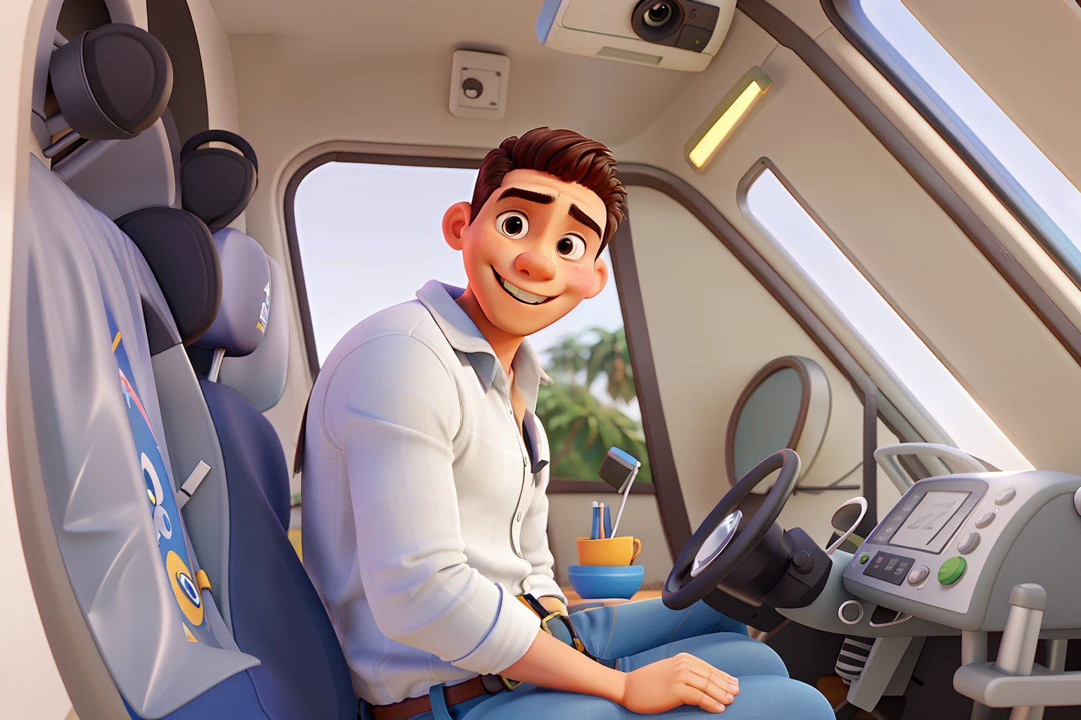 Garoto loiro, sorrindo com o mesmo corte de cabelo da fotografia, rico em detalhes no estilo de desenho animado 3d da Pixar