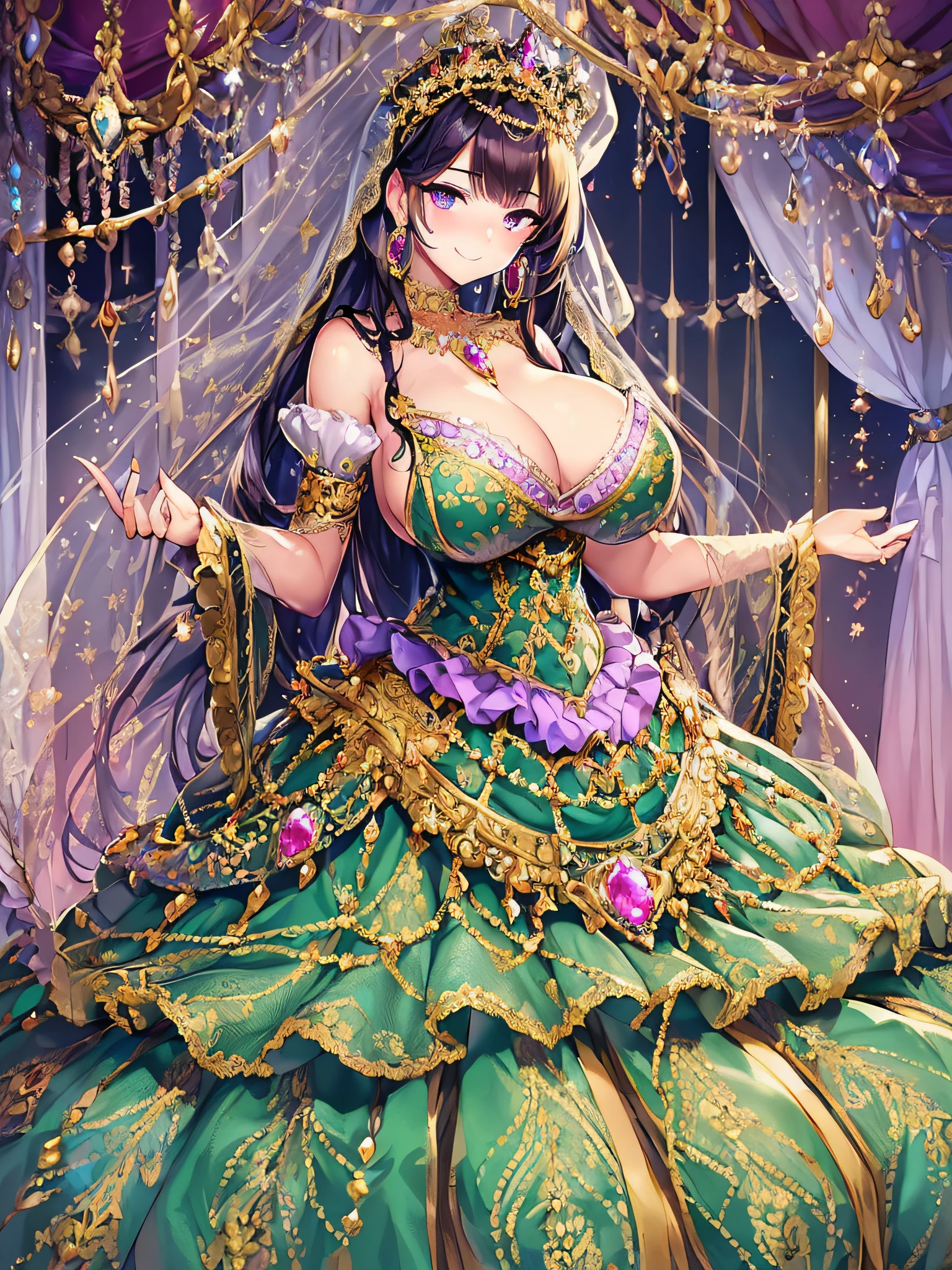 ((Anime Art Style)),((masutepiece,Best Quality,Super Detail,Very delicate and beautiful)),((Full body portrait)),((Solo)),(((One princess in beautiful embroidery and jeweled gorgeous rococo ballgown with voluminous full length hoop skirt))),(Crinoline hoop skirt),(((very gigantic boobs,Skindentation))),((extremely voluminous Very Long Straight Hair)),(finely detailed face and eyes),(Seductive smile,embarrassed),extremely gorgeousfull hair ornament,very gorgeous big tiara adorned with bling-bling jewels,Glitter Gorgeous Gemstone Jewelry,Gorgeous Long Veil,opera gloves,(Beautiful background),(Full body),((beautiful embroidery and jeweled gorgeous rococo ballgown with voluminous full length hoop skirt))