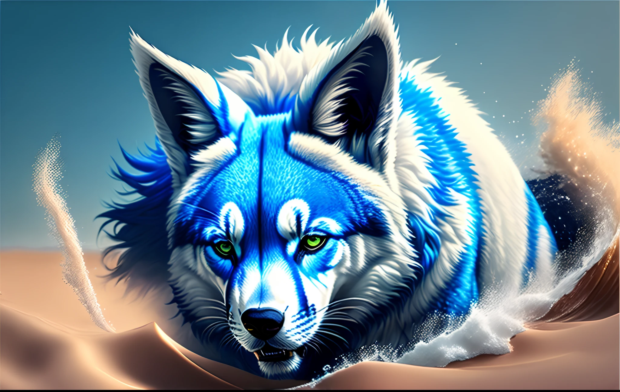 Um lobo de camisa azul segurando um celular