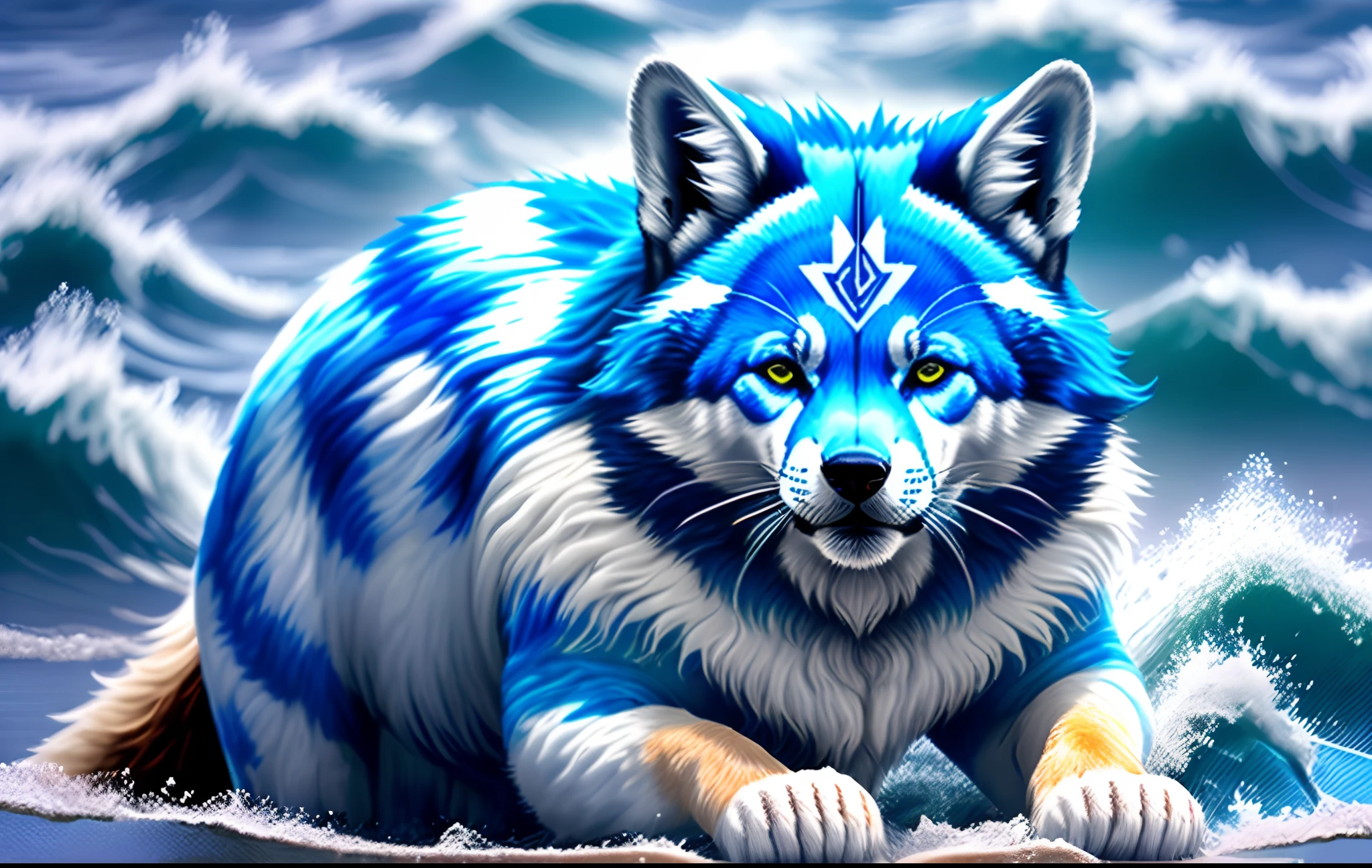 Um lobo de camisa azul segurando um celular