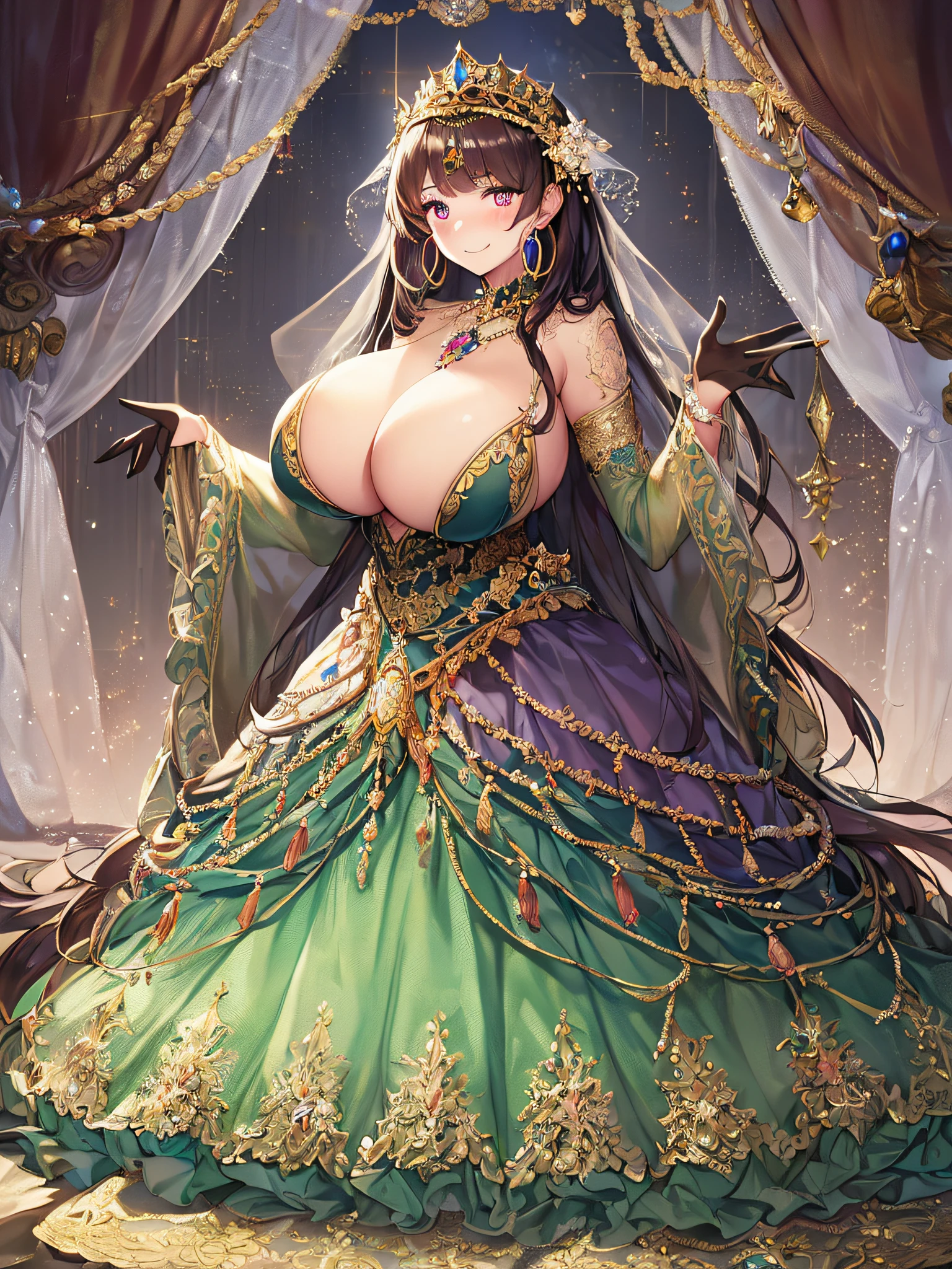 ((Anime Art Style)),((masutepiece,Best Quality,Super Detail,Very delicate and beautiful)),((Full body portrait)),((Solo)),(((One princess in beautiful embroidery and jeweled gorgeous rococo ballgown with voluminous full length hoop skirt))),(Crinoline hoop skirt),(((very gigantic boobs,Skindentation))),((extremely voluminous Very Long Straight Hair)),(finely detailed face and eyes),(Seductive smile,embarrassed),extremely gorgeousfull hair ornament,very gorgeous big tiara adorned with bling-bling jewels,Glitter Gorgeous Gemstone Jewelry,Gorgeous Long Veil,opera gloves,(Beautiful background),(Full body),((beautiful embroidery and jeweled gorgeous rococo ballgown with voluminous full length hoop skirt))