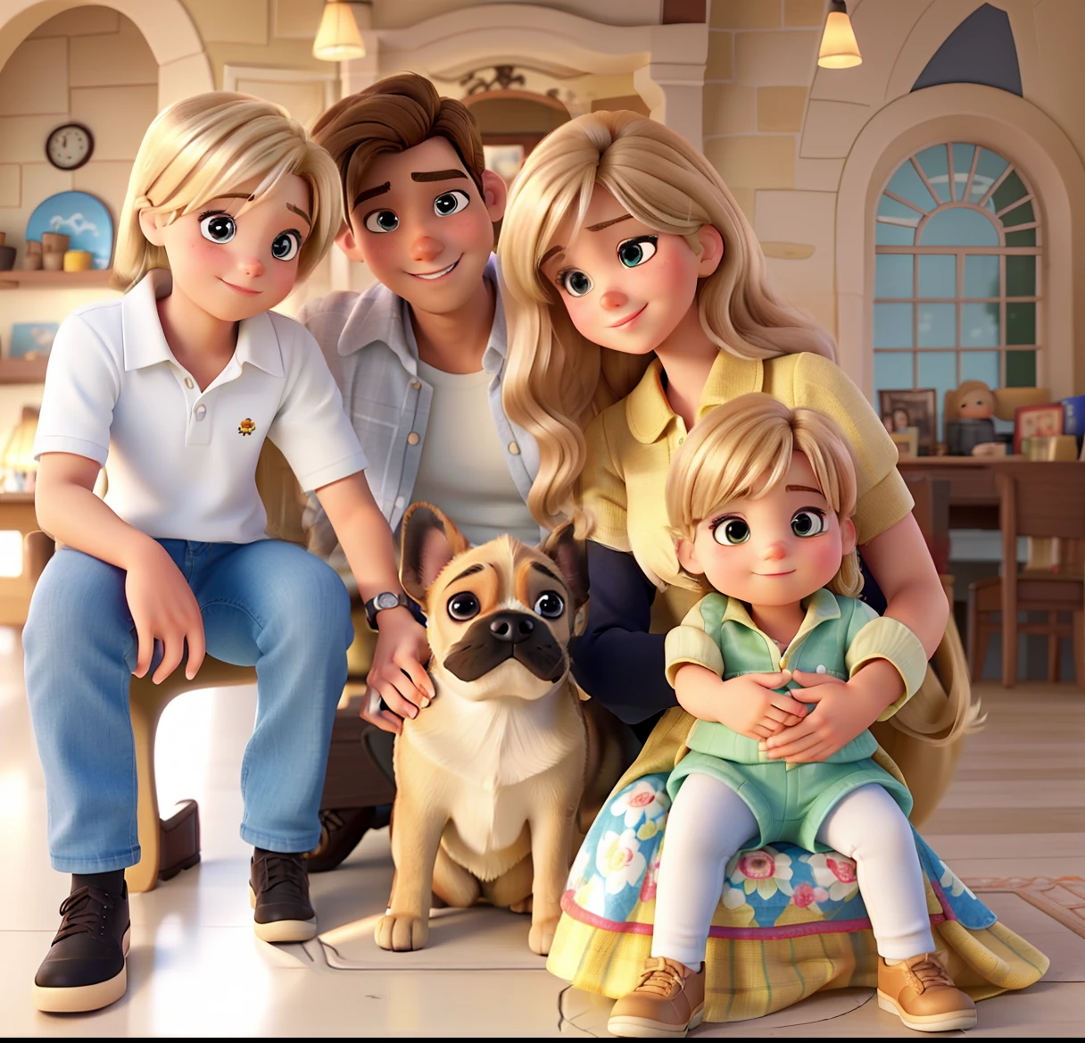Photo with a blonde woman holding a blonde baby girl, a brown-haired man and a black-haired boy and a french bulldog dog , todos felizes. Estilo Pixar/Disney alta qualidade melhor qualidade