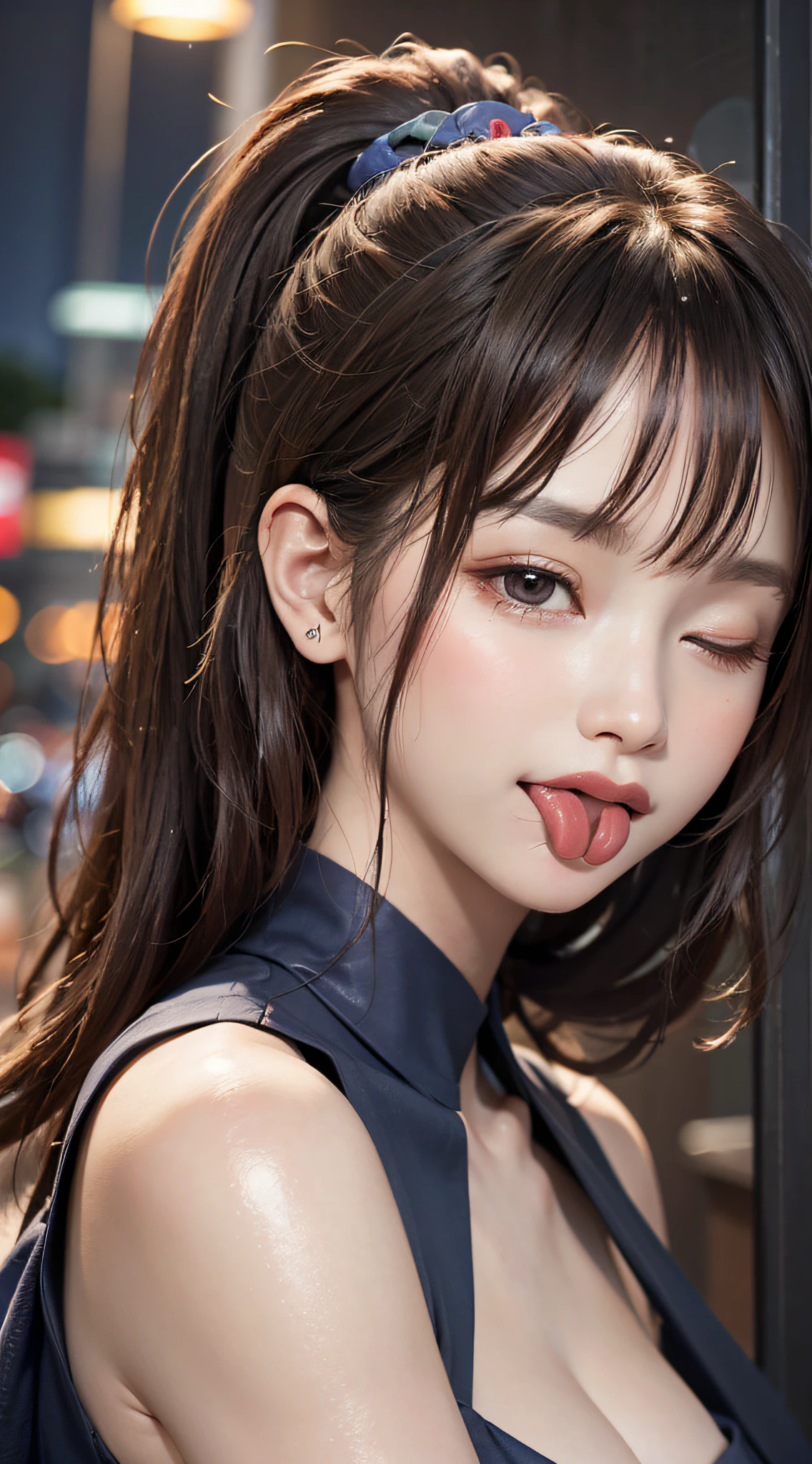 neon street at night, 1girl:1.3, 25 years old, slim body, perfect body, (medium breasts), thin thighs, (one eye closed, wink):1.3, BREAK, woman wearing(Japanese kimono), show cleavage, dark-brown hair, high-ponytail, BREAK, (Natural Skin Texture, Detailed pale skin, black eyes, shiny-lipgloss, Smile happily, perfect face, cute face, thin lips, (big tongue:2.0), small face, upper-body shot, (top-quality, ultra real-photo, masterpiece, RAW Photography, cinematic light, very detailed illustration, portrait)