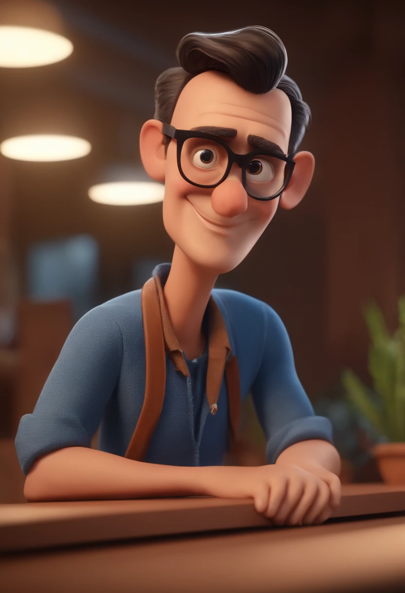 Cartoon character of a man with black glasses and a blue shirt, animation character, Caractere estilizado, animation style rendering, 3D estilizado, Arnold Maya render, 3 d render stylized, toon render keyshot, Personagem 3D, Personagem 3D, 3d rendering stylized, 3 d character render, personagem de desenho animado, Personagem de close up, Pose de personagem, (Estilo Pixar) (master part:1.2) (Bokeh) (best quality) (pele detalhada) (textura detalhada) (8k) (argila) (Cinematic lighting) (foco nítido