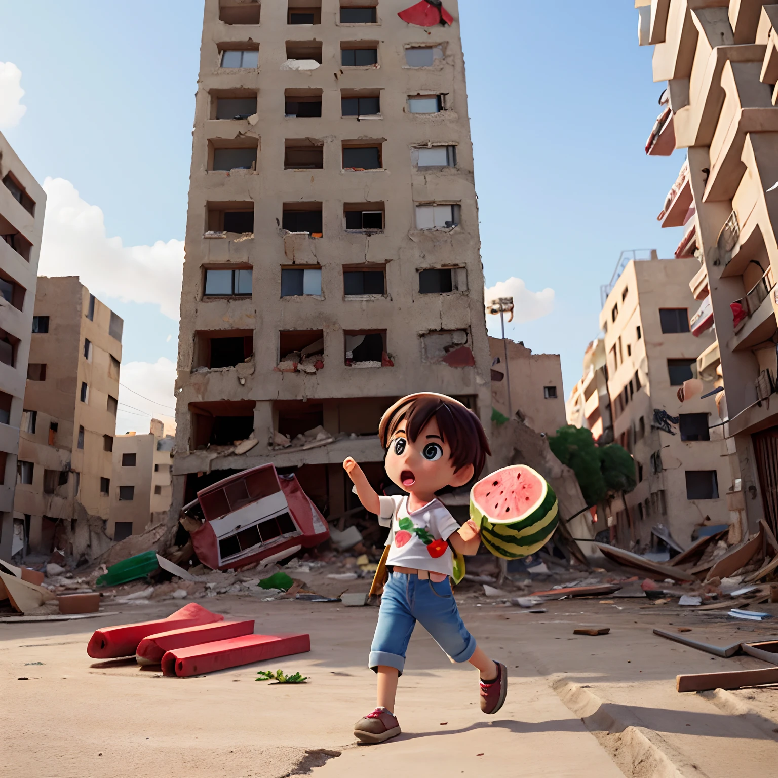 Child eat Watermelon,the collapsed building,war,save palestine,flag palestine,fighter plane