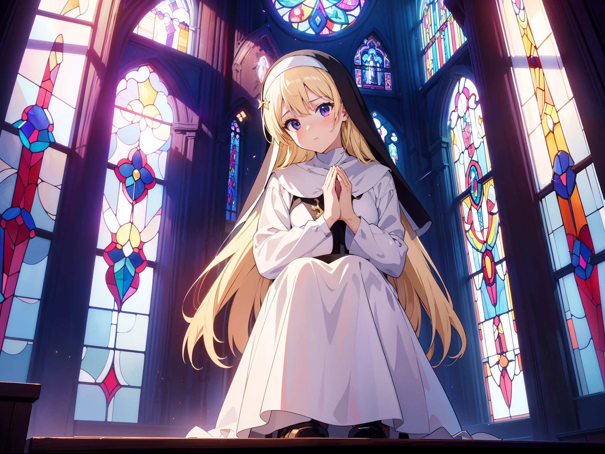 1 cute nun girl, ((praying)) ,cowboy shot, (wide shot:0.8) ,(from below:0.9) , (front viewer),cinematic lighting, colorful lighting,blonde hair, ((Expressionless))  ,(background Stained glass) , high resolution,(incredibly absurdres),anime visual,extremely detailed CG unity 8k wallpaper, ((masterpiece)), ((top-quality)), (beautiful illustration), ((an extremely delicate and beautiful))