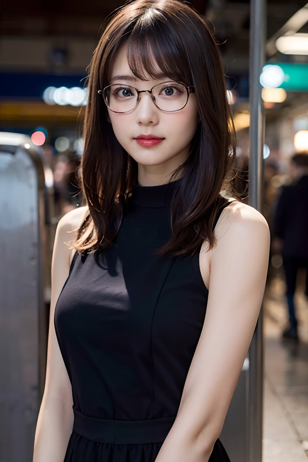 (8K、Raw photography、top-quality、masterpiece:1.2)、(realisitic、Photorealsitic:1.37)、ultra-detailliert、超A high resolution、1人、see the beholder、beautifull detailed face、A smile、Constriction、(Slim waist) :1.3)、short-cut、Beautiful detailed skin、Skin Texture、Floating hair、Professional Lighting、Wait for the platform train、Black-rimmed square glasses 、Whole human body、Brown hair