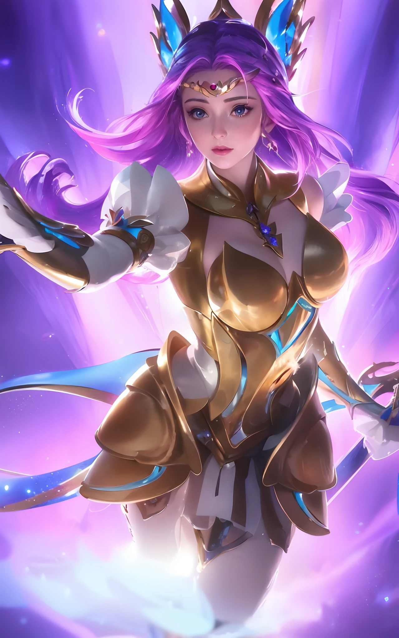 a close up of a woman with purple hair and a crown on her head, a portrait inspired by Leona Wood, Artstation, fantasy art, portrait knights of zodiac girl, knights of zodiac girl, zenra taliyah, extremely detailed artgerm, seraphine ahri kda, orianna, kda, cushart krenz key art feminine