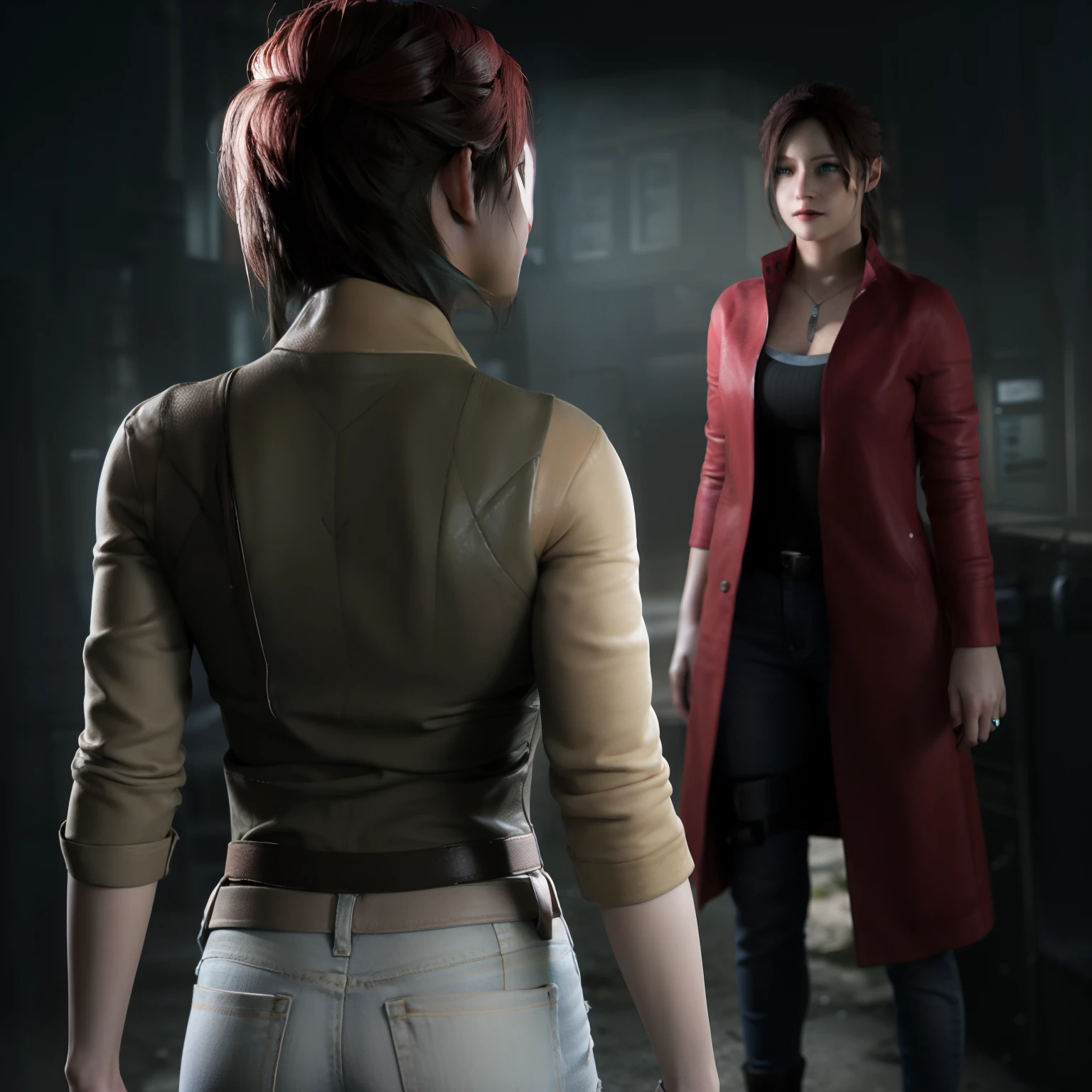 Best quality, ((Claire redfield from resident evil)), woman 40 years old, long red hair, black jeans, beautiful face, red long coat,little smile expression