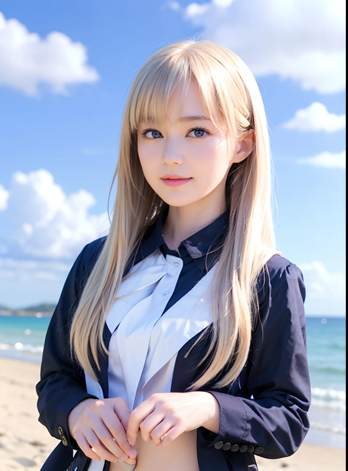 ((top-quality、masterpiece:1.3))、((Russian beauties))、1 female、18year old、Colossal tits:1.3、Slender body type:1.1、Glossy white beautiful skin、Platinum blonde super long hair、(the beach、Wet body、pretty bikini:1.1)、Super Detailed Face、Detailed lips、detailedeyes、二重まぶた、beach balls、A smile、blue-sky、clouds、look left、kneeking、blue eyess、wide Shots, 1 girl, Super long hair, Beautiful and cute 17 year old beautiful girl、Beautiful bangs、Very beautiful face、bright expression、Beautiful blue eyes, Bright and dazzling platinum blonde、Long straight hair、Eyebrows behind bangs、student clothes、School Uniforms、textured white skin, Best Quality, 4K high resolution、glowy skin, high details
