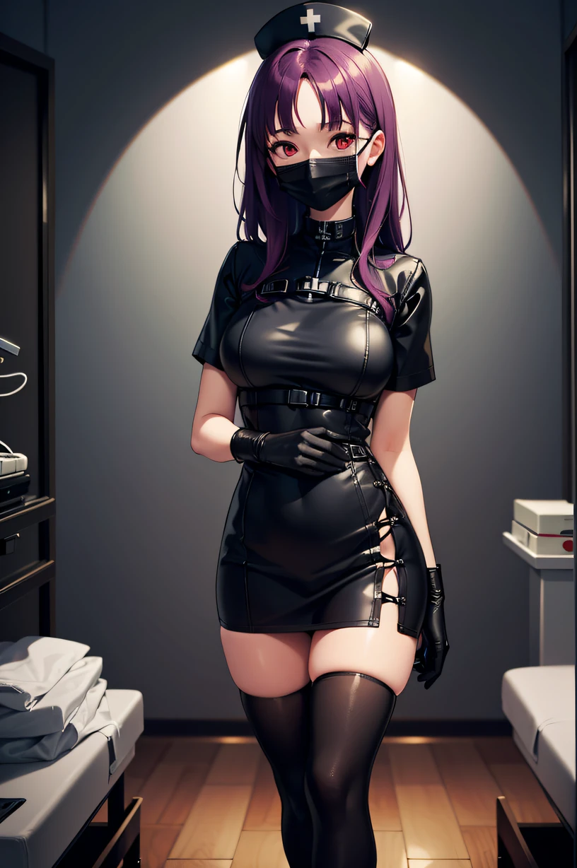 black nurse, 1woman, solo, black nurse cap, black wear, ((black legwear, zettai ryouiki)), black elbow gloves, long hair, purple hair, red eyes, ((black surgical mask, covered nose)), standing, ((surgery room)), sharp outline, short sleeves, mature female, 35 years old, best quality, masterpiece