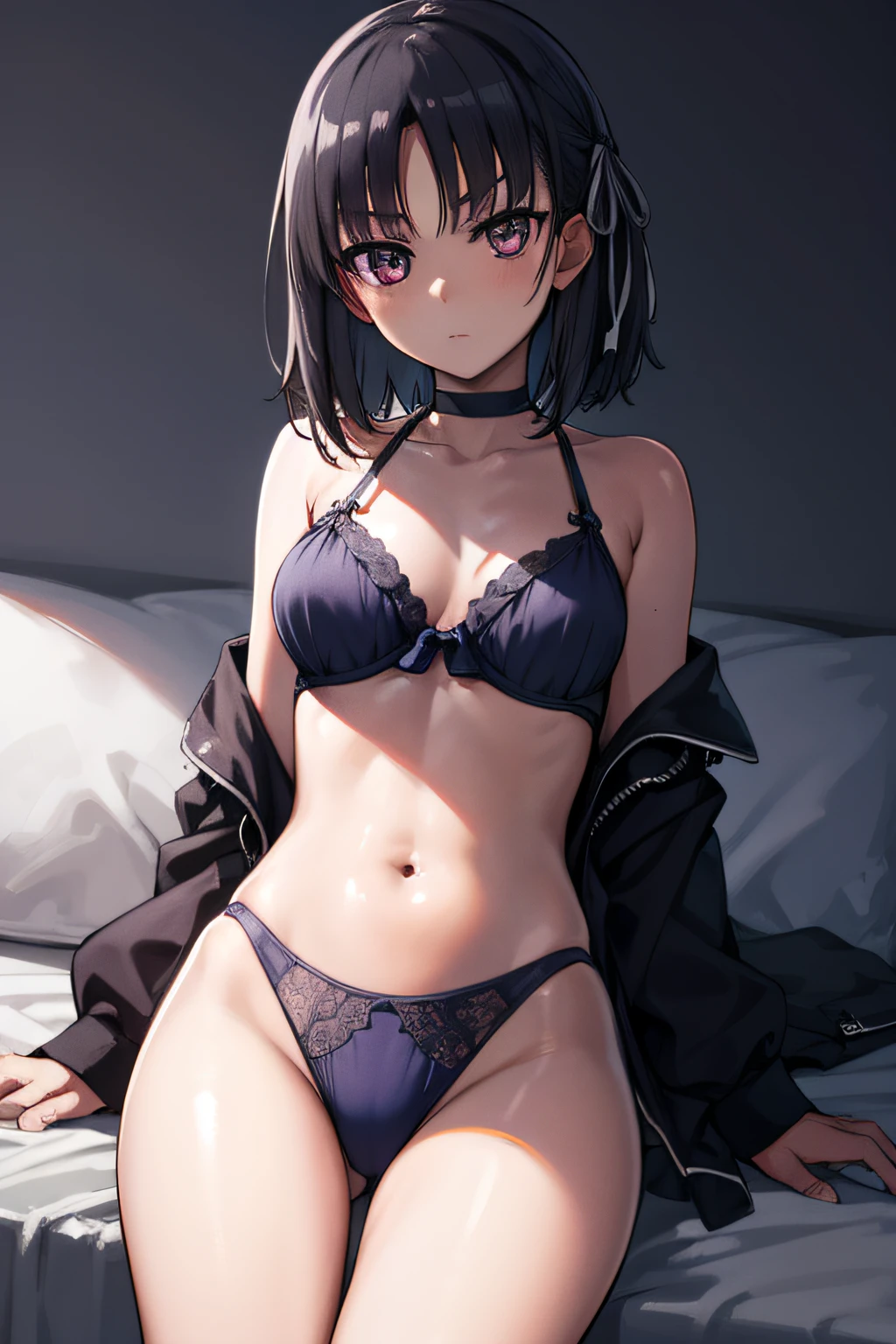suzunehorikita, suzune horikita, black hair, braid, short hair, (purple eyes:1.1), in a yellow lingerie, best quality, high resolution, unity 8k wallpaper