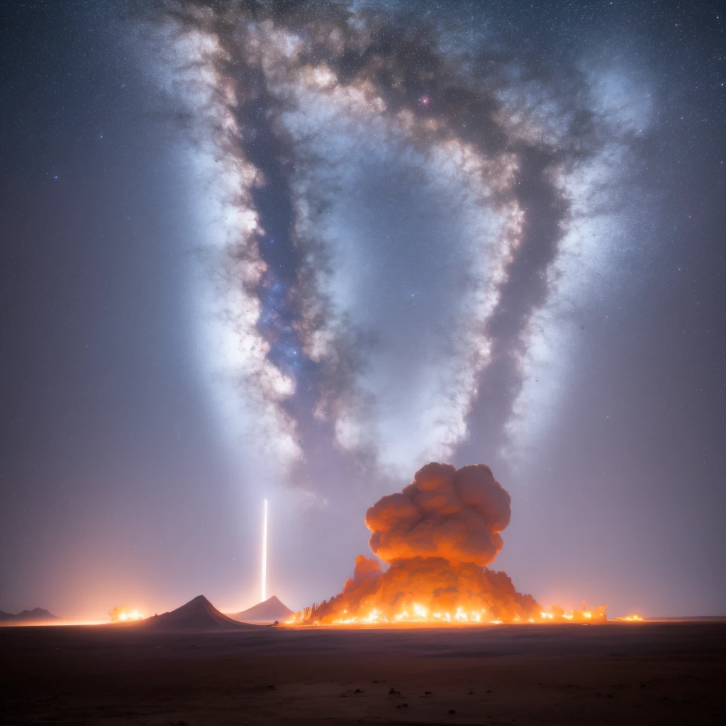 (((The spacesuit is broken)))The astronaut,Alien base (Very detailed) In the mountainous desert,There are several exhaust fans and chimneys, Some spotlights come out of the base to illuminate dark places, (Extreme nights), Some clouds in the night sky, Some of the surrounding planets provide air to unknown planets,The farthest giant volcano is erupting((The astronaut))(((The spacesuit is broken)))