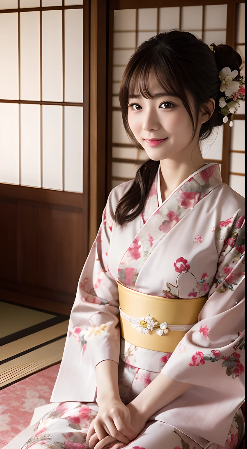(Photorealsitic:1.4), (Top image quality:1.0), (超A high resolution:1.0), 8K, Raw photography, (masterpiece:0.2), (pureerosface_v1:0.5)、(Best Quality Detail:1.2)、realisitic、8K UHD、hight resolution、(1girl in:1.2)、The ultra-detailliert、High quality textures、intricate detailes、detaileds、Very detailed CG、High quality shadows、Detail Beautiful delicate face、Detail Beautiful delicate eyes、depth of fields、Ray traching,1girl in, japanaese girl, Cute, Kimono、Floral scrunchie, Beautiful skin, Facing the front,Sit down, Sit upright and say thank you,Align your hands elegantly,Smile faintly The Land of Japan,Japanese garden,Luxury Japanese-style room,skyporn, Magic Hour, (Realistic:1.3), Finely detailed, quality, (masutepiece:1.2), (Photorealistic:1.2), (Best Quality), (Intricate details), Dramatic, Ray tracing, photograph, +Lola