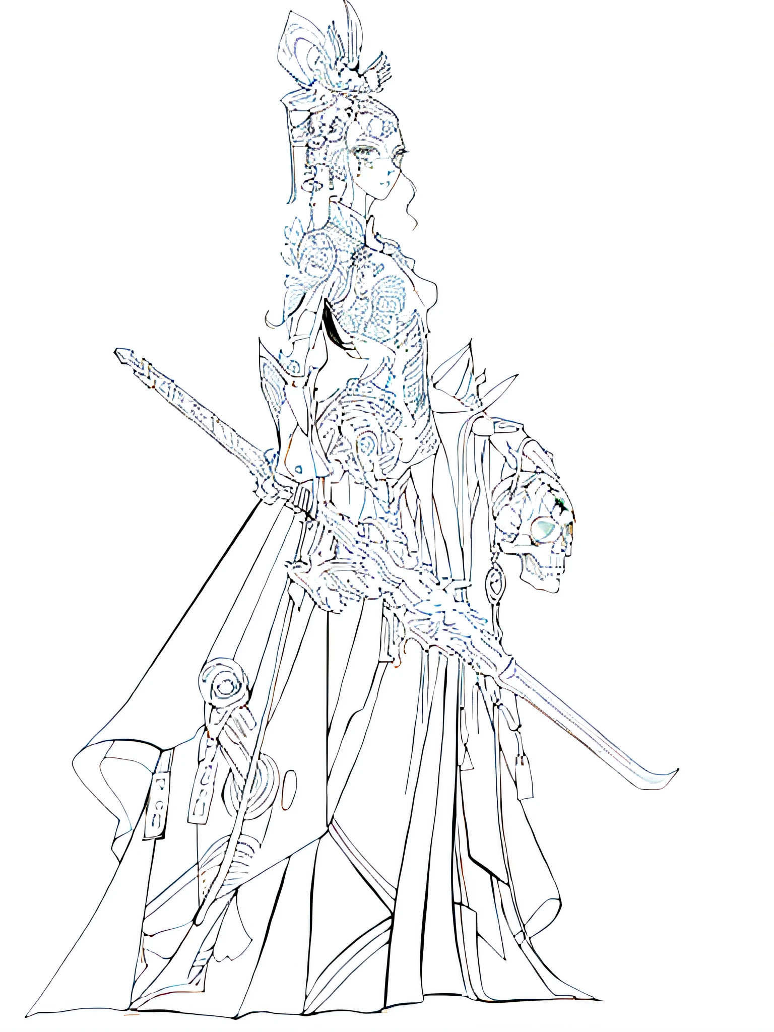 a drawing，A woman in a dress with a sword, intense line art, clean lineart, lineart behance hd, bold lineart, perfect lineart, linear art, extremely fine ink lineart, sharp lineart, detailed line art, intricate line art, black and white line art, hyper detailed line art, Peking Opera face，China-style，Holding a skull in his hand，