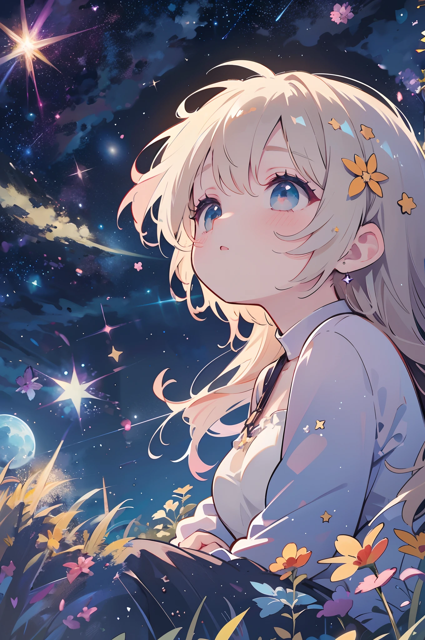 Scene of cute girl character lying on a grassy hill,Delicate makeup,Looking up at the starry sky.,Shining stars々Flowing,Surround her with colorful nebulae and her favorite constellations