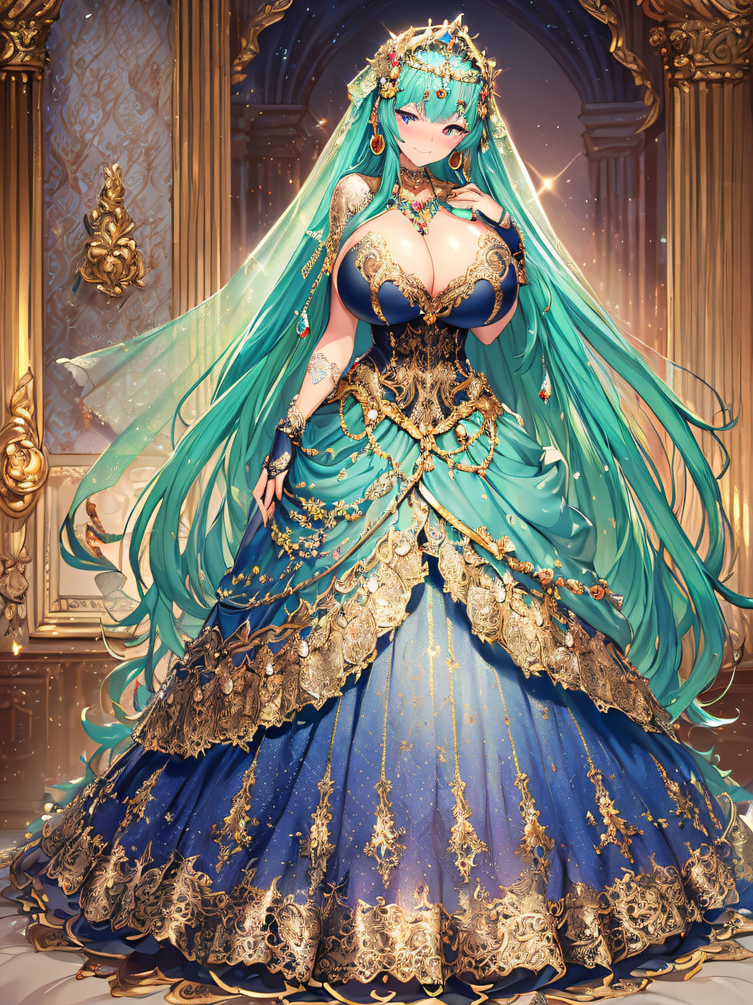 ((Anime Art Style)),((masutepiece,Best Quality,Super Detail,Very delicate and beautiful)),((Full body portrait)),((Solo)),(((One princess in beautiful embroidery and jeweled gorgeous rococo ballgown with voluminous full length hoop skirt))),(Crinoline hoop skirt),(((very gigantic boobs,Skindentation))),((extremely voluminous Very Long Straight Hair)),(finely detailed face and eyes),(Seductive smile,embarrassed),extremely gorgeousfull hair ornament,very gorgeous big tiara adorned with bling-bling jewels,Glitter Gorgeous Gemstone Jewelry,Gorgeous Long Veil,opera gloves,(Beautiful background),(Full body),((beautiful embroidery and jeweled gorgeous rococo ballgown with voluminous full length hoop skirt))