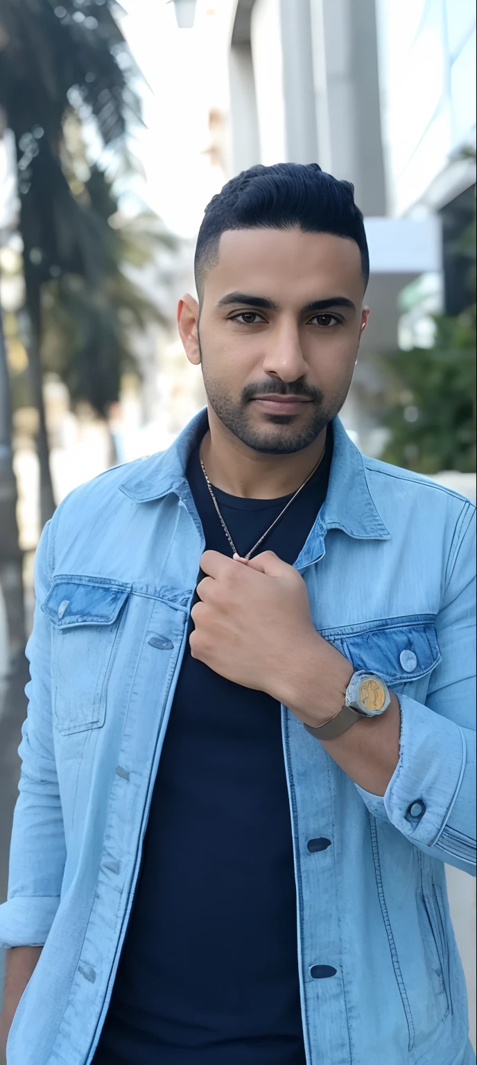 Man in denim jacket and black shirt standing on sidewalk, foto de perfil headshot, Riyahd Cassiem, taken in the early 2020s, imagem de qualidade muito baixa, foto portait foto de perfil, Emad Mostaque, Mohamed Chahin, foto de perfil 1024px, Retrato tirado 8 K, Condutor de Ene