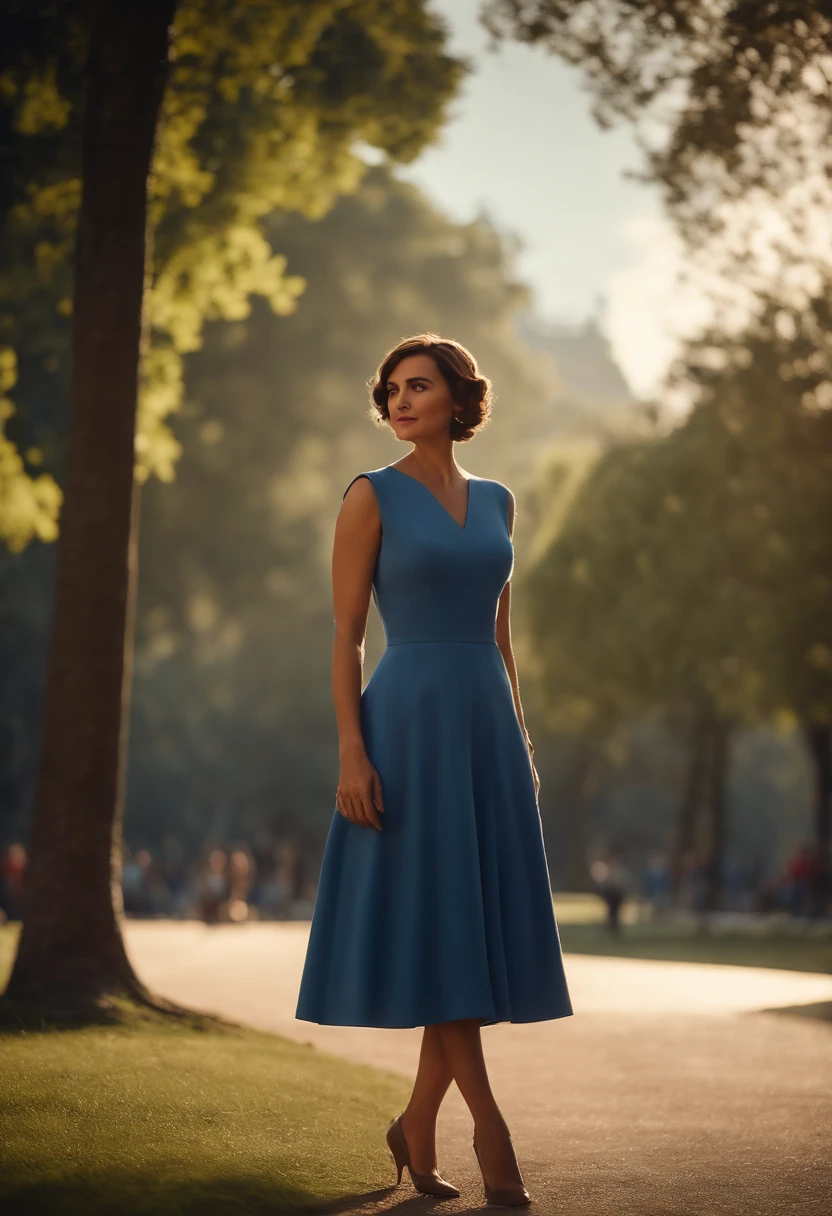 Obra-prima, de melhor qualidade, a woman with a bronw and short hair, wearing a blu dress. Standing in the park. Style pixar movie