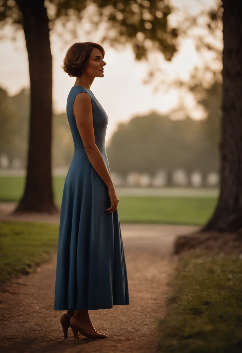 Obra-prima, de melhor qualidade, a woman with a bronw and short hair, wearing a blu dress. Standing in the park. Style pixar movie