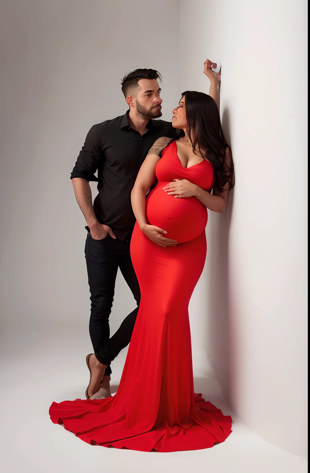 a photo studio.Na direita da capa, Pamela is looking at Edgar in love, wearing an elegant red dress that highlights her pregnant belly while stroking her belly. A esquerda Edgar a olha com um olhar apaixonado, With one hand in his pocket