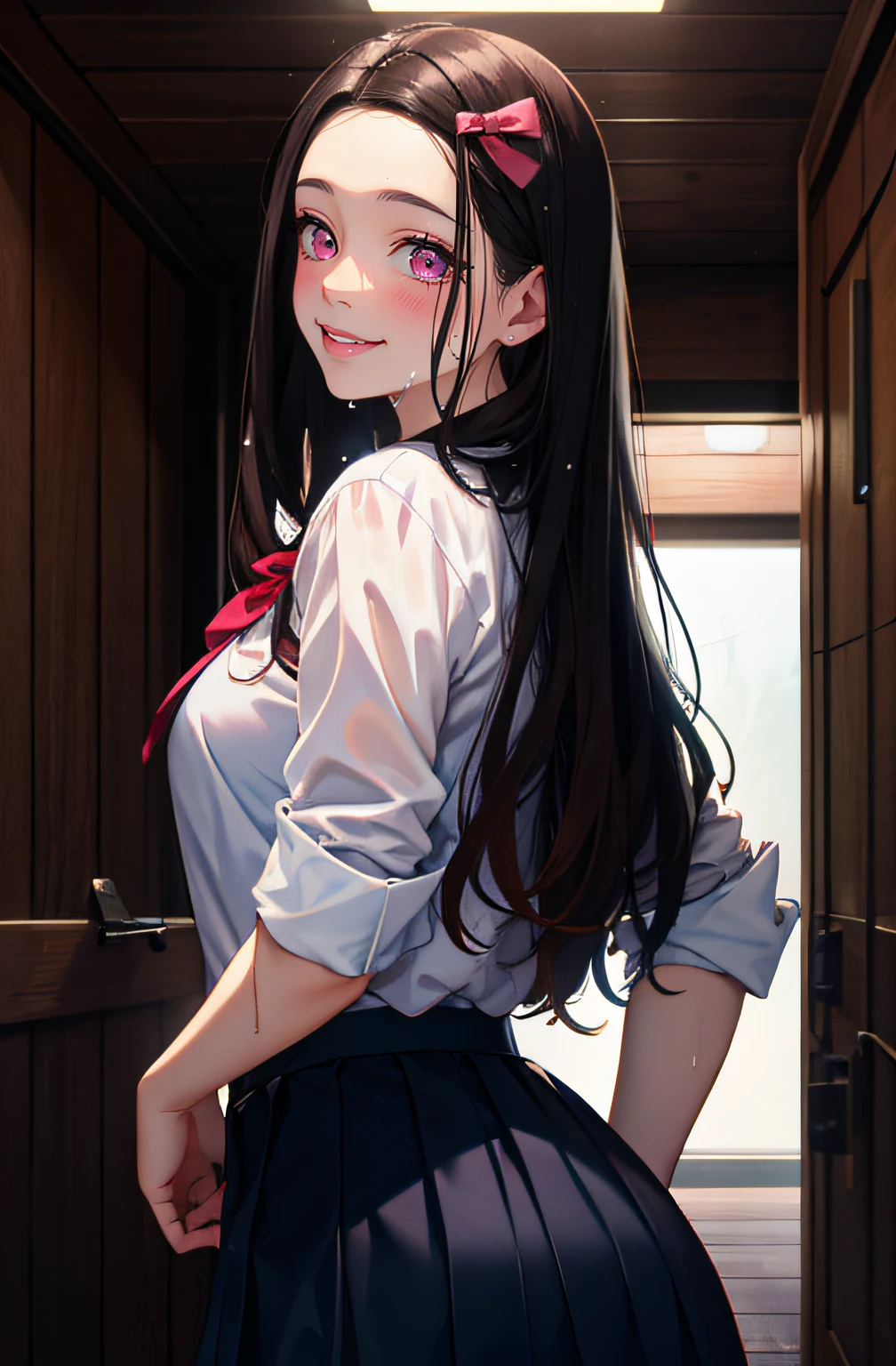 masterpiece, realistic eyes, best quality, bamboo, closed mouth, beautiful lighting, cinematic, 8k, solo, 1girl, facial, wet face, liner, wooden walls, medium tits, white shirt, school skirt, back, wide hips, cum, kamado nezuko, pink eyes, lips, blush, smile, happy