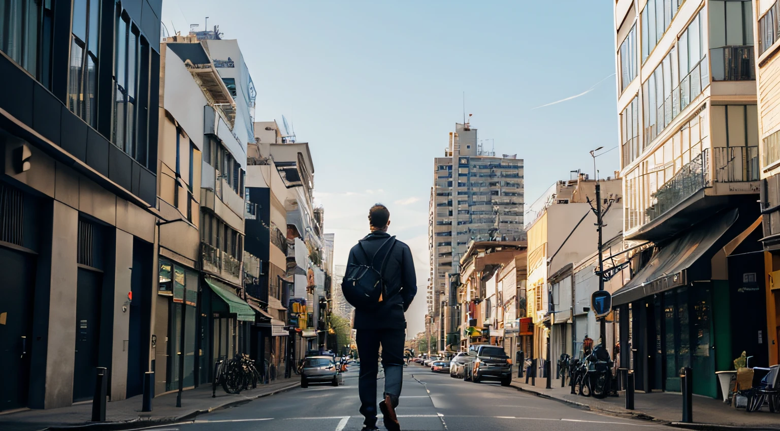 homem caminhando por uma rua de asfalto, With my back to a city, Tall buildings in the city