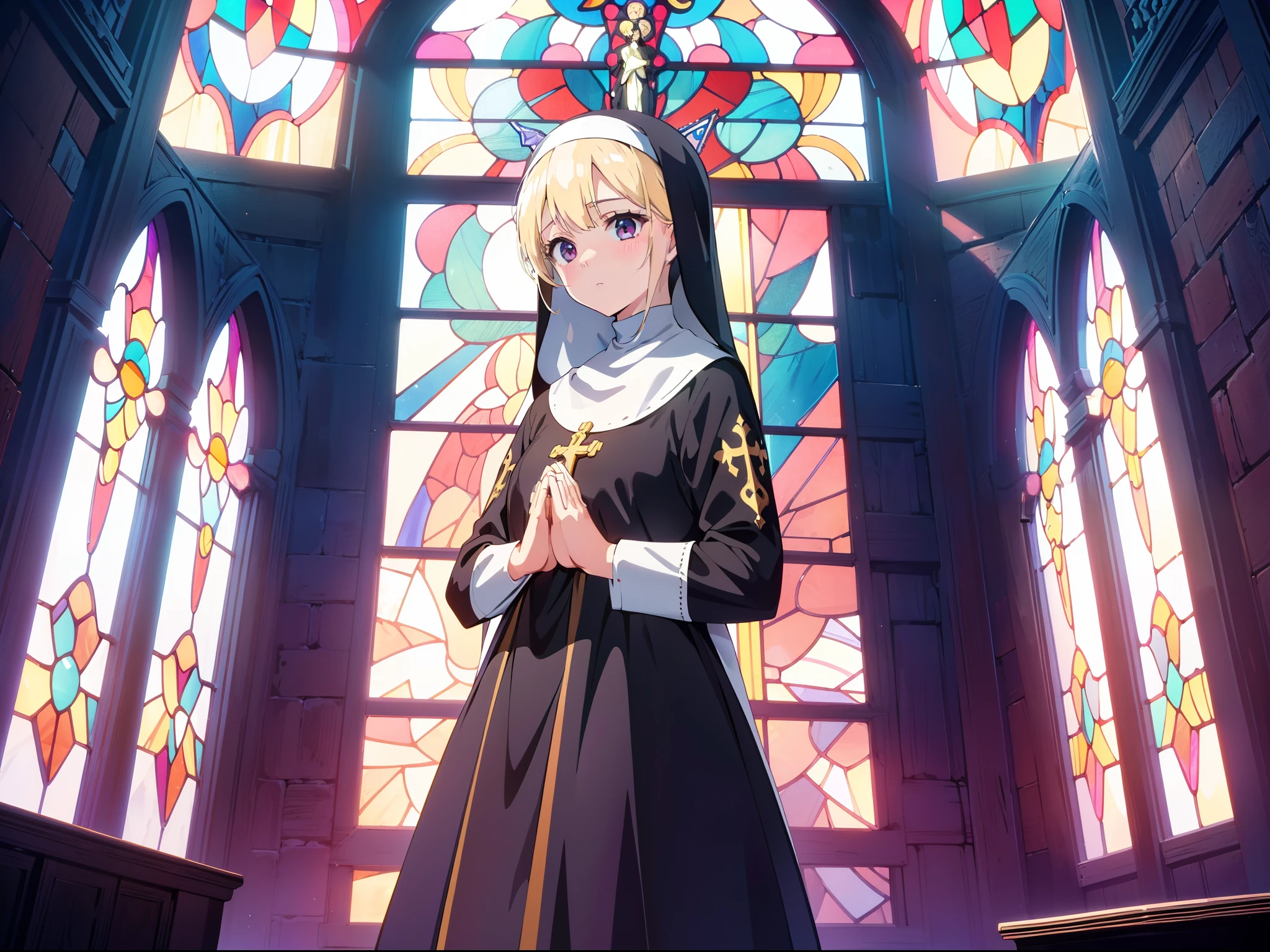 1 cute nun girl, ((praying)) ,cowboy shot, (wide shot:0.8) ,(from below:0.9) , (front viewer), blonde hair, ((Expressionless))  ,(background Stained glass) , high resolution,(incredibly absurdres),anime visual,extremely detailed CG unity 8k wallpaper, ((masterpiece)), ((top-quality)), (beautiful illustration), ((an extremely delicate and beautiful))