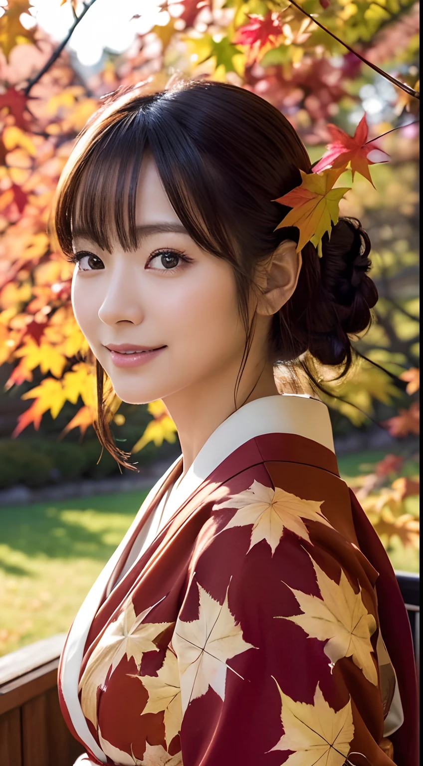 (Photorealsitic:1.4), (Top image quality:1.0), (超A high resolution:1.0), 8K, Raw photography, (masterpiece:0.2), (pureerosface_v1:0.5)、(Best Quality Detail:1.2)、realisitic、8K UHD、hight resolution、(1girl in:1.2)、The ultra-detailliert、High quality textures、intricate detailes、detaileds、Very detailed CG、High quality shadows、Detail Beautiful delicate face、Detail Beautiful delicate eyes、depth of fields、Ray traching,1girl in, japanaese girl, Cute, kimono、Floral scrunchie, Beautiful skin, Facing the front,Sit down, Sit upright and say thank you,Align your hands elegantly,Smile faintly The Land of Japan,Japanese garden,Luxury Japanese-style room, (In rows of maple trees:1.2), ((Autumn foliage scenery:1.3)), skyporn, Magic Hour, (Realistic:1.3), Finely detailed, quality, (masutepiece:1.2), (Photorealistic:1.2), (Best Quality), (Intricate details), Dramatic, Ray tracing, photograph, +Lola
