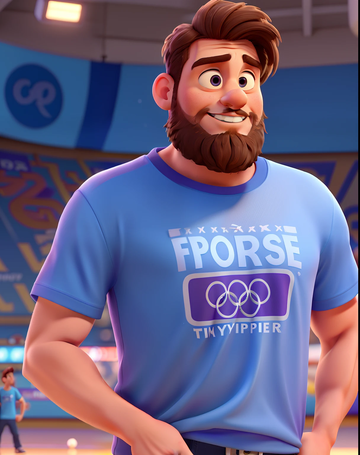 create an animated film poster, where the name of the film is "Stories in Sports", with the character in Pixar style, he is a sports photographer, tall, with a beard, well-cut hair, camera in hand, blue and purple t-shirt, written Disposição on the t-shirt. in the background, show several semi-blurred Olympic sports