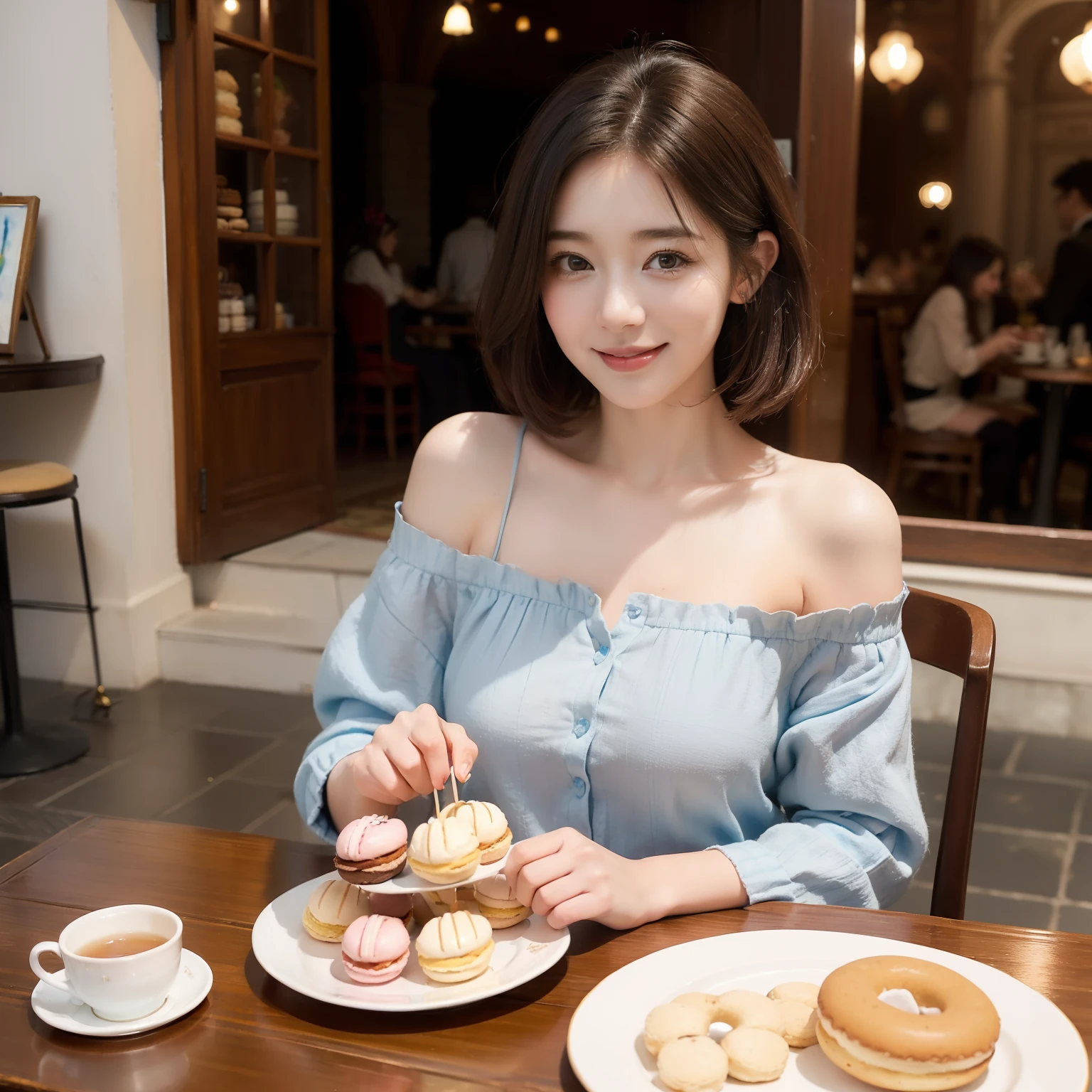 (art by:Adult Cute:1.5), during daytime  , Cute woman with a smile, Hair color is brown , Hair is shoulder-length,  Blue Color One Beads、Outside a medieval European-style café , tea parties、a cake、 macaroons、donut、cookies、black tea、cute little、Cute 、Dolce、fluffly、Dolce、Pale shades