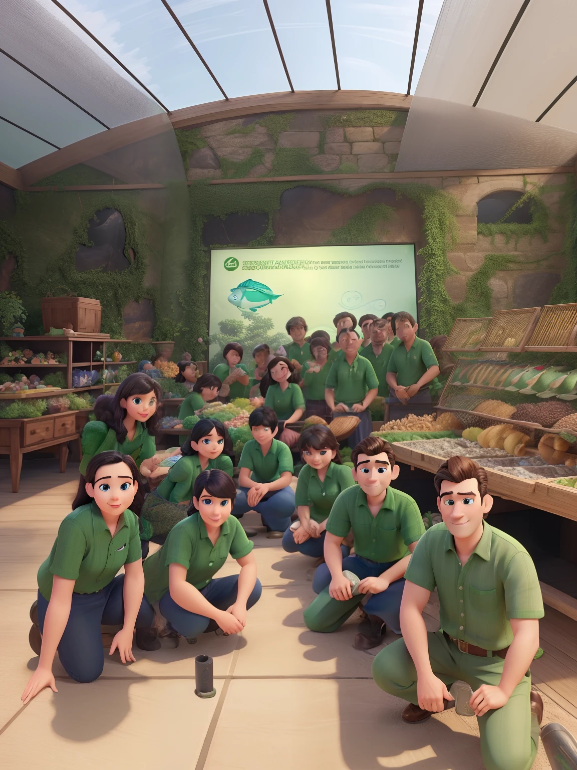 beautiful detailed pixar-style people,green shirts,(best quality,high quality,high resolution,masterpiece:1.2),fish nurseries