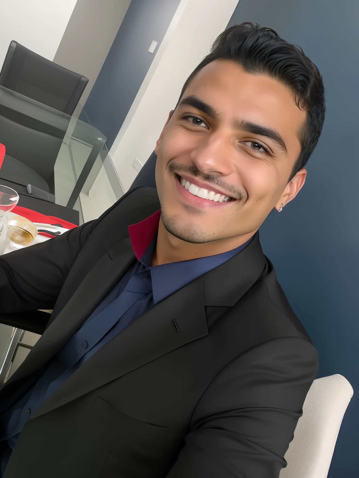 homem sorridente em um terno preto sentado em uma mesa com um computador, david rios ferreira, andres rios, foto de perfil headshot, foto de perfil profissional, foto do perfil, Postagem no Reddit, Cristiano Orrillo, imagem de perfil, Eloy Morales, taken in the early 2020s, Directed by: Luis Miranda, Joel Torres, Alex Miranda, icaro carvalho