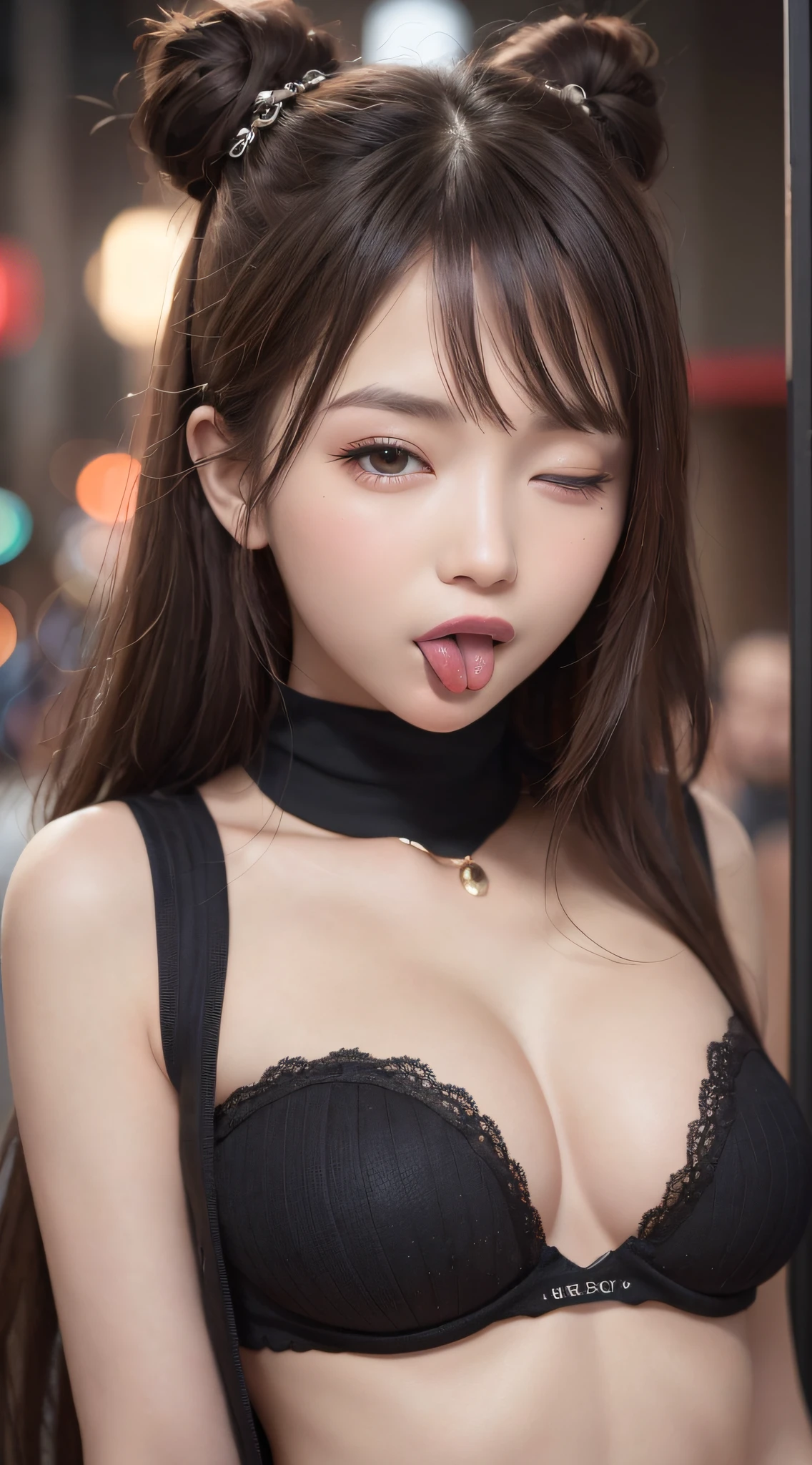 neon street at night, 1girl:1.3, 25 years old, slim body, perfect body, (medium breasts), thin thighs, (one eye closed, wink):1.3, BREAK, woman wearing(Tight knitted dresses), show cleavage, dark-brown hair, hair bun, BREAK, (Natural Skin Texture, Detailed pale skin, black eyes, shiny-lipgloss, Smile happily, perfect face, cute face, thin lips, (tongue:2.0), small face, upper-body shot, (8K, high resolution, Best Quality, masterpiece:1.2), RAW, portrait, high resolution, top-quality, Hyper-Realism, (Photorealistic:1.3), intricate detailed, ultra sharpness, depth of fields, facing front, face focus up