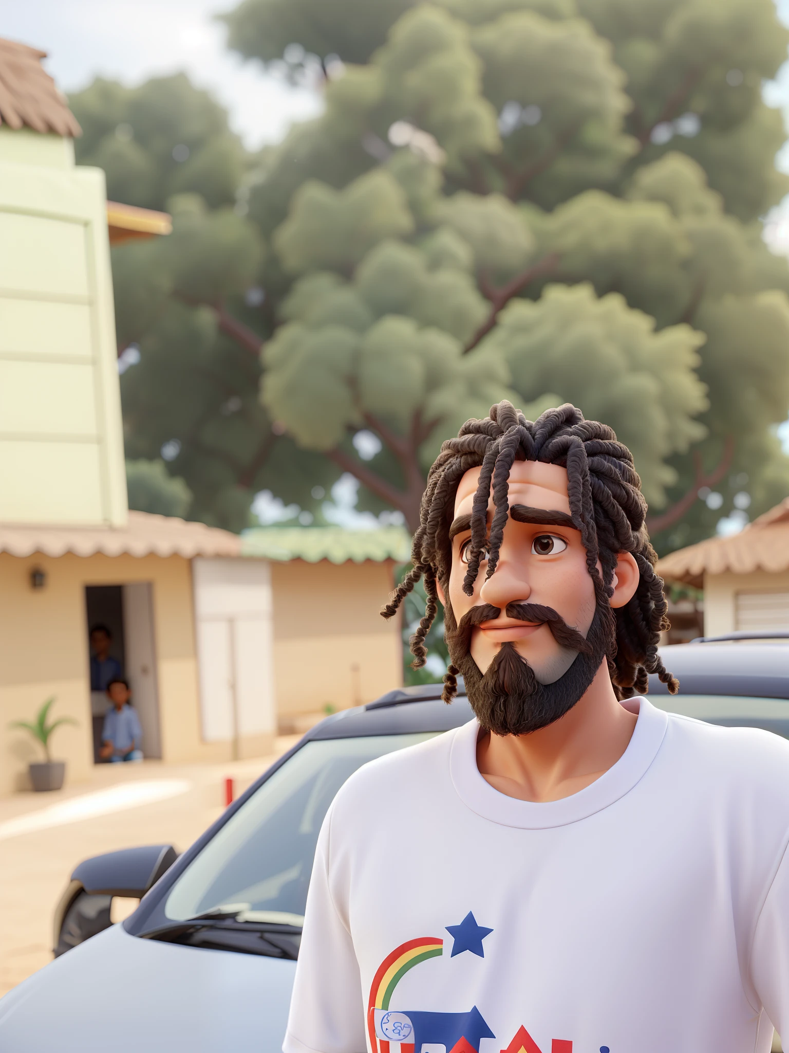 Um homem vestido de uma camisa branca com estrelas, Next to it a car and in the background a mango tree, poses while looking at the camera sideways, cabelos pretos rastas curtos,uma pequena barba no queixo rosto magro.